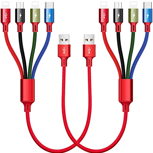 Minlu 3A 短版多功能充電線 4 合 1 多功能 USB 快速充電線，帶雙手機/USB-C/Micro-USB 接口，適用於手機/平板電腦/三星 Galaxy/谷歌 Pixel/索尼/LG/華為/HTC/一加等設備（1 英尺/2 條裝）