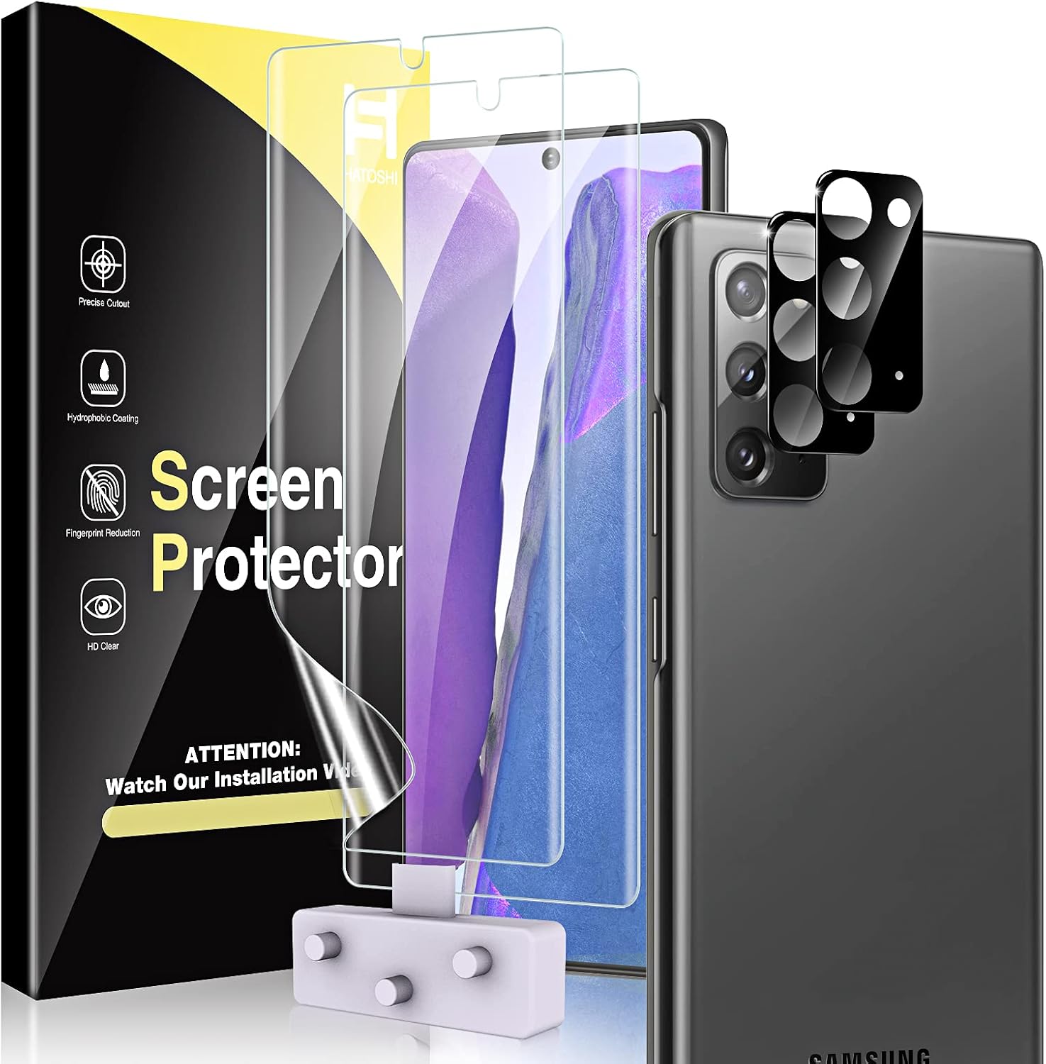 HATOSHI 2片裝柔性TPU螢幕保護貼，相容於三星Galaxy Note 20 5G 6.7英寸，含2片相機鏡頭保護膜，高清保護膜，易於安裝，相容於手機殼。