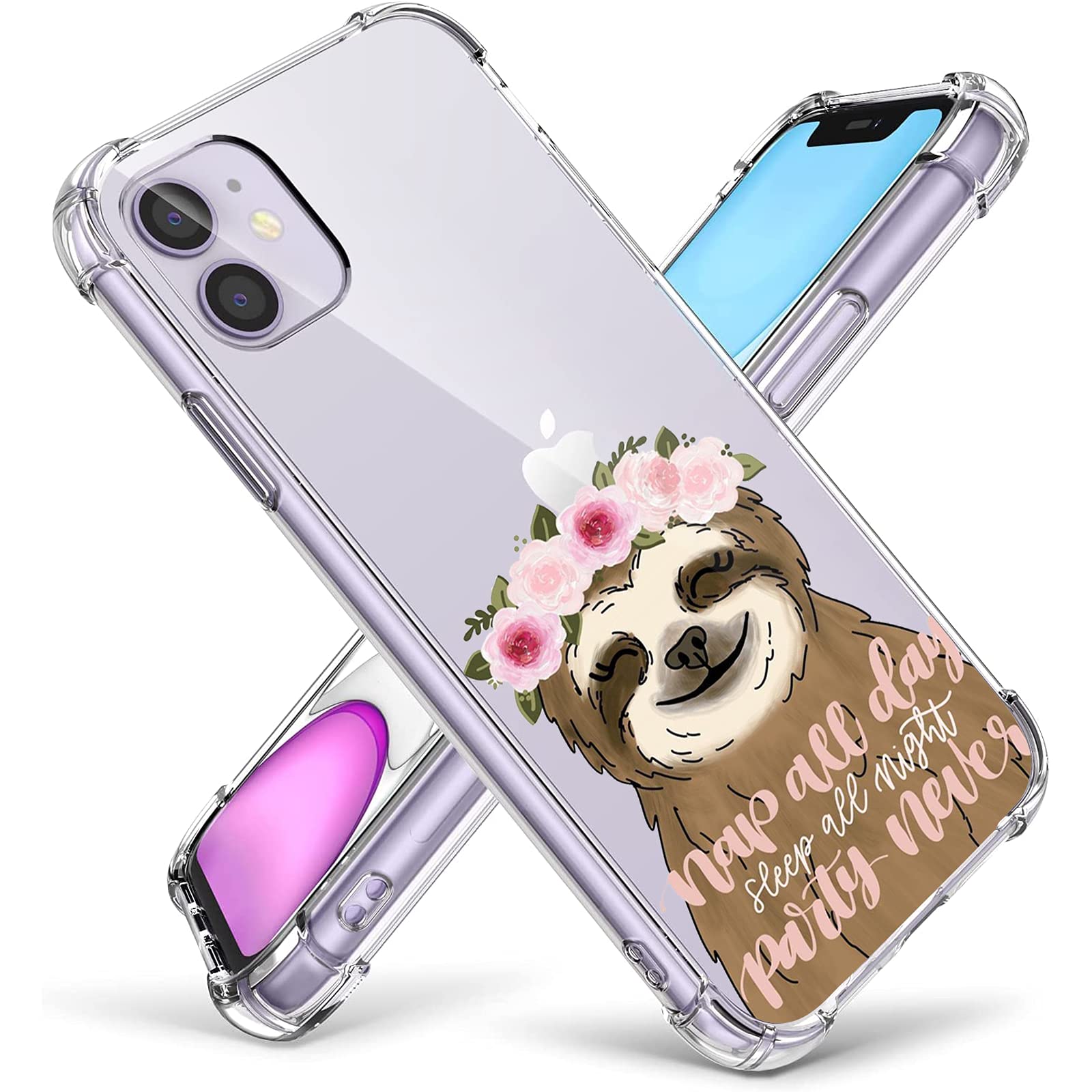 可愛樹懶透明手機殼，相容於新款 iPhone 11 系列 2021，女士/女孩適用，可愛花卉樹懶圖案，柔韌纖薄，TPU 材質，透明保護殼，適用於 iPhone 11（6.1 吋），粉紅色