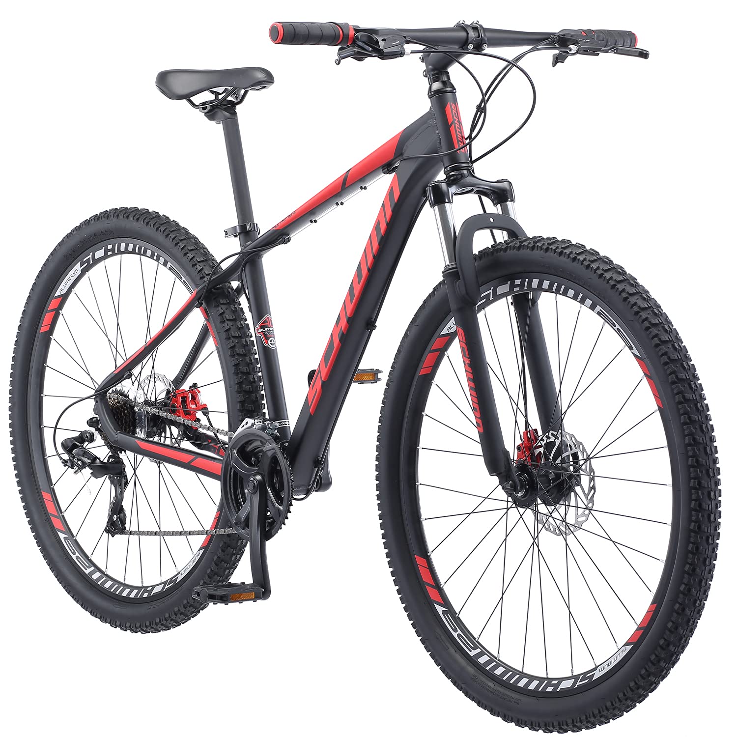 Schwinn Bonafide 男士登山車，前避震，24 速，29 吋車輪，17 吋鋁合金車架，消光黑/紅色