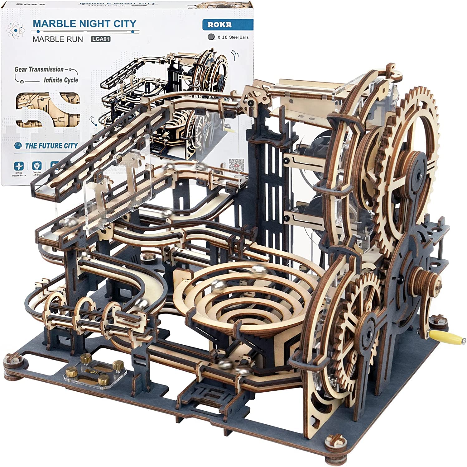 ROKR 3D 成人木製拼圖 彈珠軌道模型組裝套裝（LGA01 彈珠夜城）