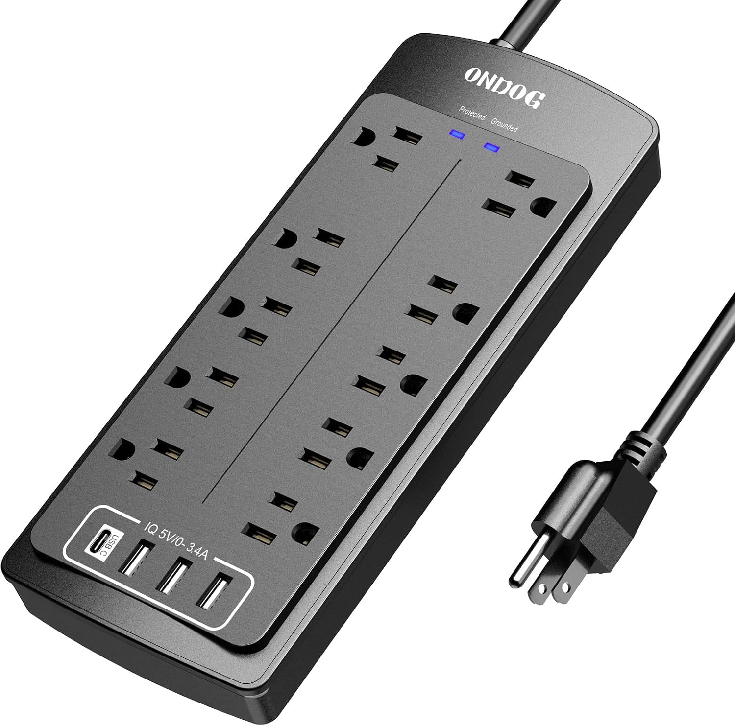 電源插線板浪湧保護器 - 6 英尺延長線，帶 10 個插座和 4 個 USB 端口，適用於家庭、辦公室、宿舍等場所，2700 焦耳，通過 ETL 認證（黑色）
