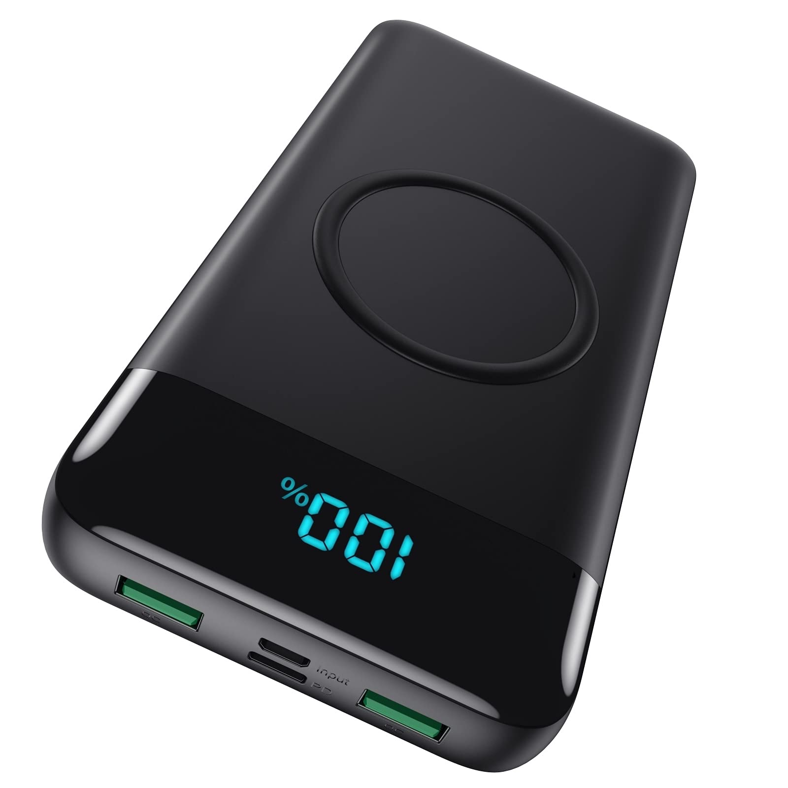 無線便攜式充電器，30800mAh，15W無線充電，25W PD QC4.0快充，智能LED顯示屏，USB-C接口，4個輸出端口和2個輸入端口，兼容iPhone、三星、iPad等設備。