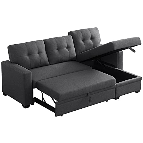 Devion Furniture 現代可翻轉組合式沙發床，附收納貴妃椅，深灰色布料