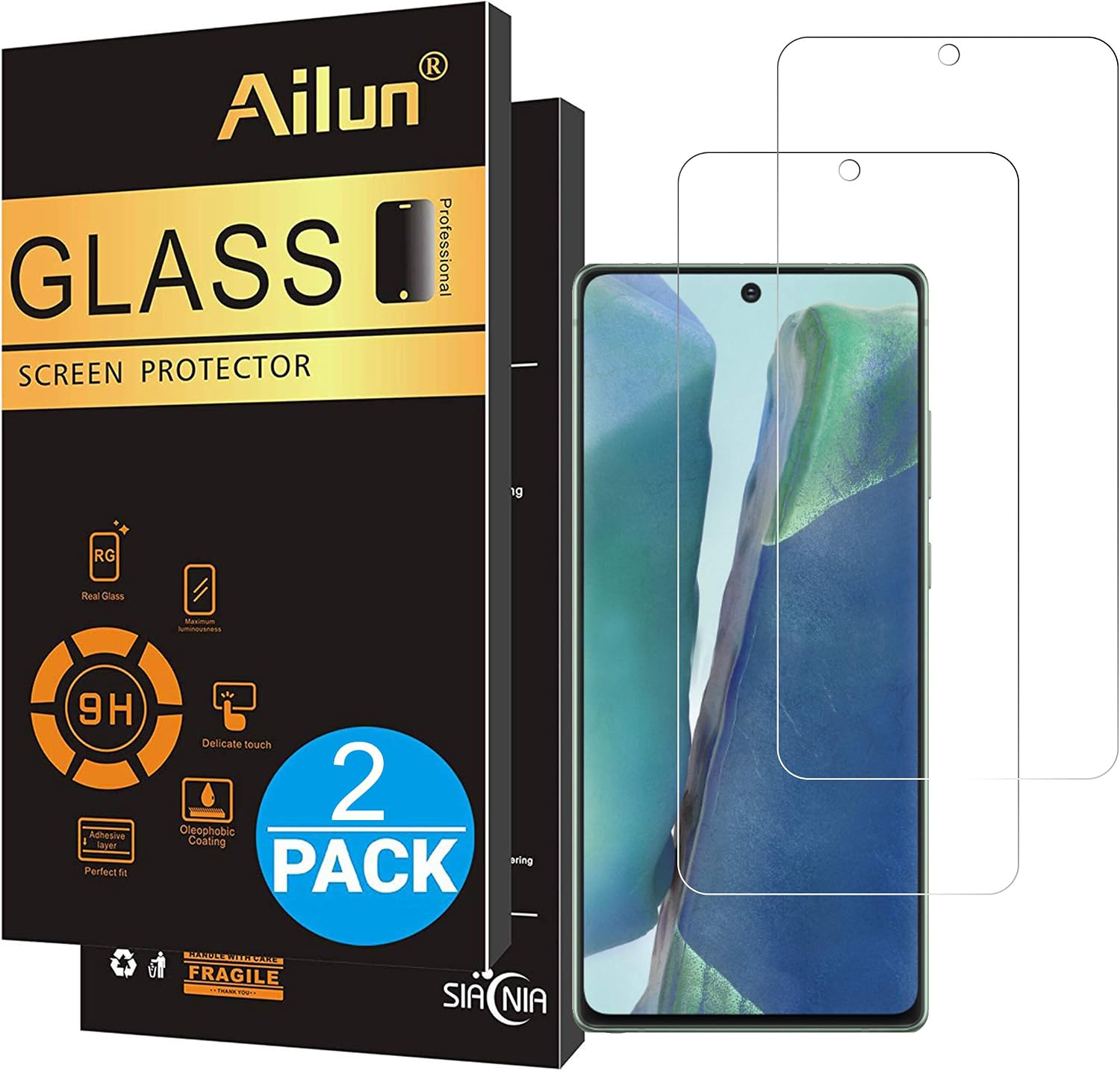 Ailun 三星 Galaxy Note 20 強化玻璃螢幕保護貼 2 片裝 9H 硬度 2.5D 弧邊，[相容指紋辨識]，相容於手機殼