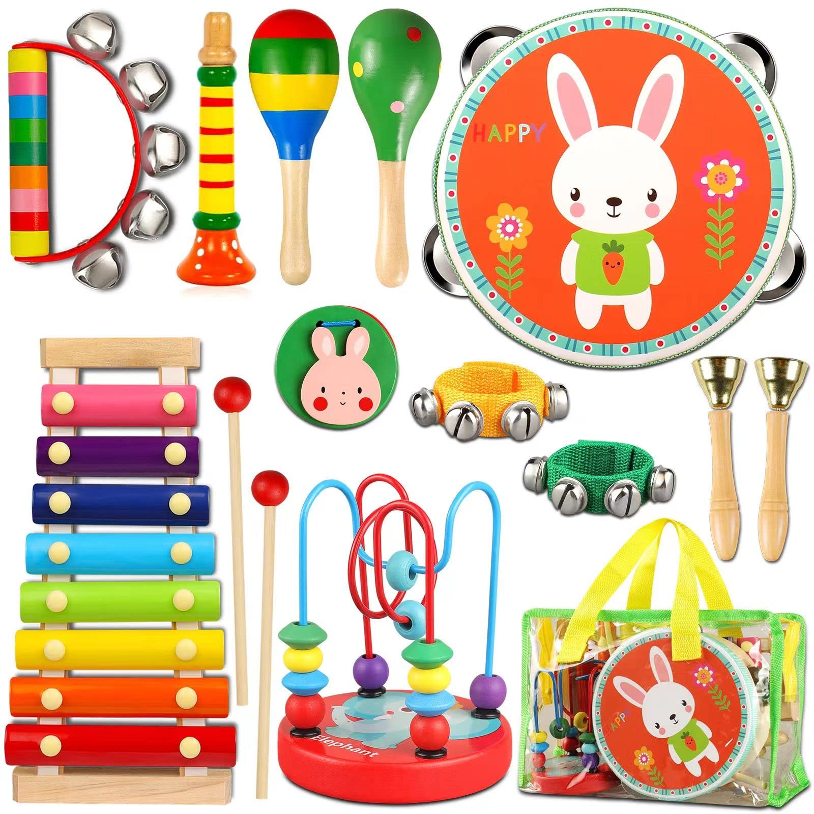 LOOIKOOS 幼兒樂器玩具，木製打擊樂器套裝，適合兒童寶寶，含木琴，學前教育音樂玩具，適合男孩和女孩，帶收納袋（12件套裝）