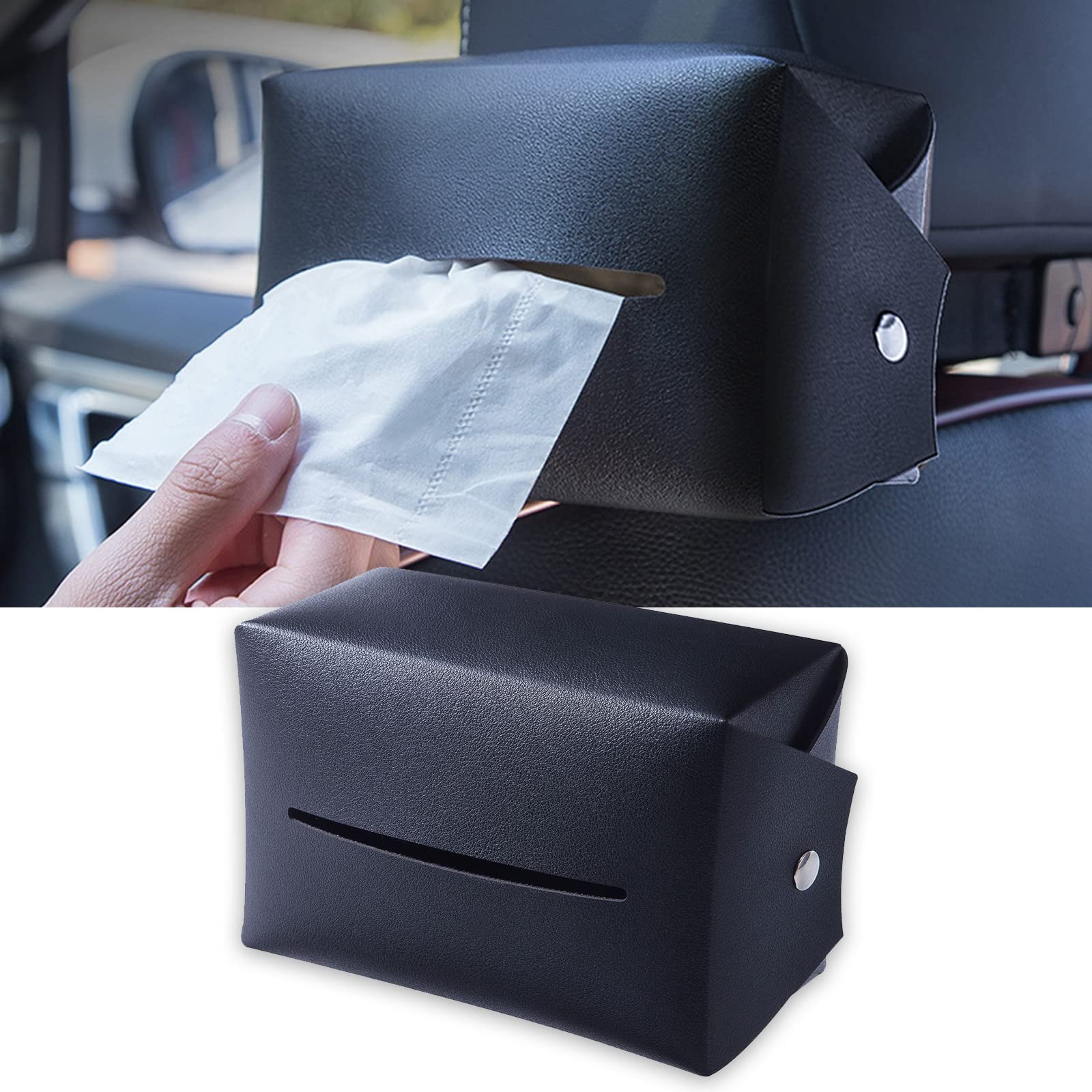 Ajxn 1 件裝車載紙巾盒，6.7 英寸 x 4.5 英寸 x 3.3 英寸優質 PU 皮革車載餐巾紙盒，適用於後座、中控台和遮陽板，帶可調節綁帶（黑色）
