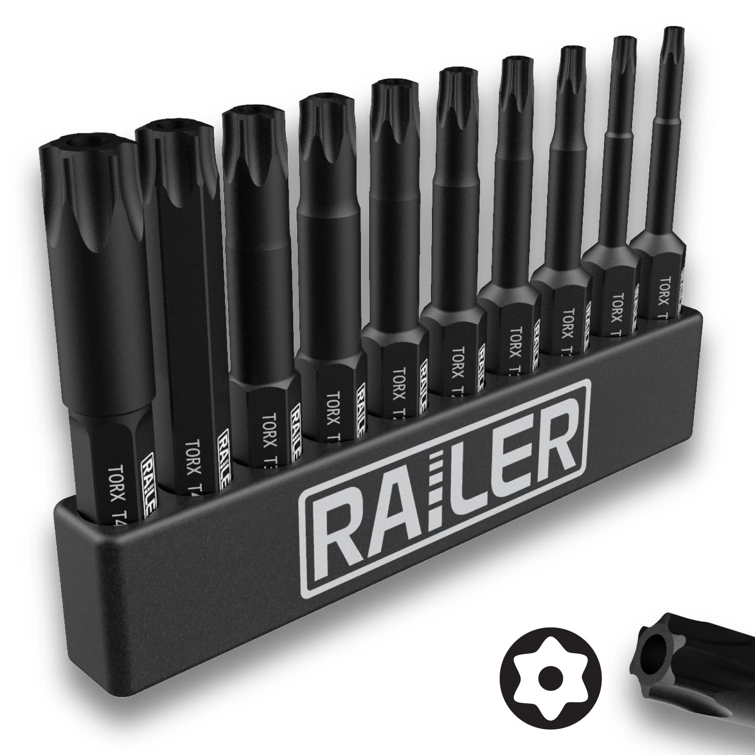 防篡改TORX螺絲起子頭套裝，Railer 10件組6角TORX安全螺絲起子頭套裝。 S2鋼衝擊起子2吋星形螺絲起子頭組（T8、T9、T10、T15、T20、T25、T27、T30、T40、T45）