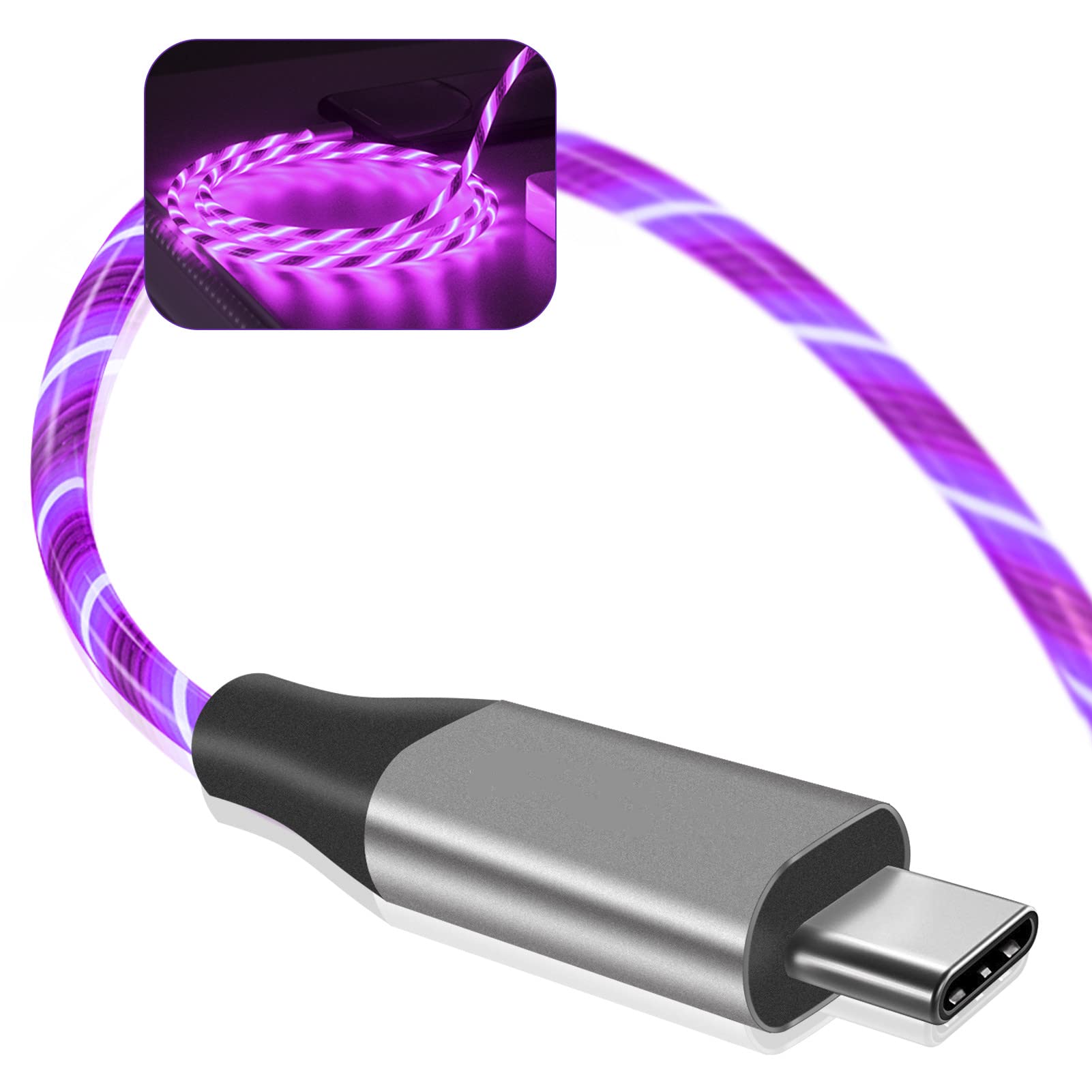 USB-C 線，3A LED 燈快充充電線，Type-C 接口，相容於三星 Galaxy S21 S20 S10 S10E S9 S8 Plus Note 20 10 9 8、LG G8 等機型（紫色，6 英尺）…