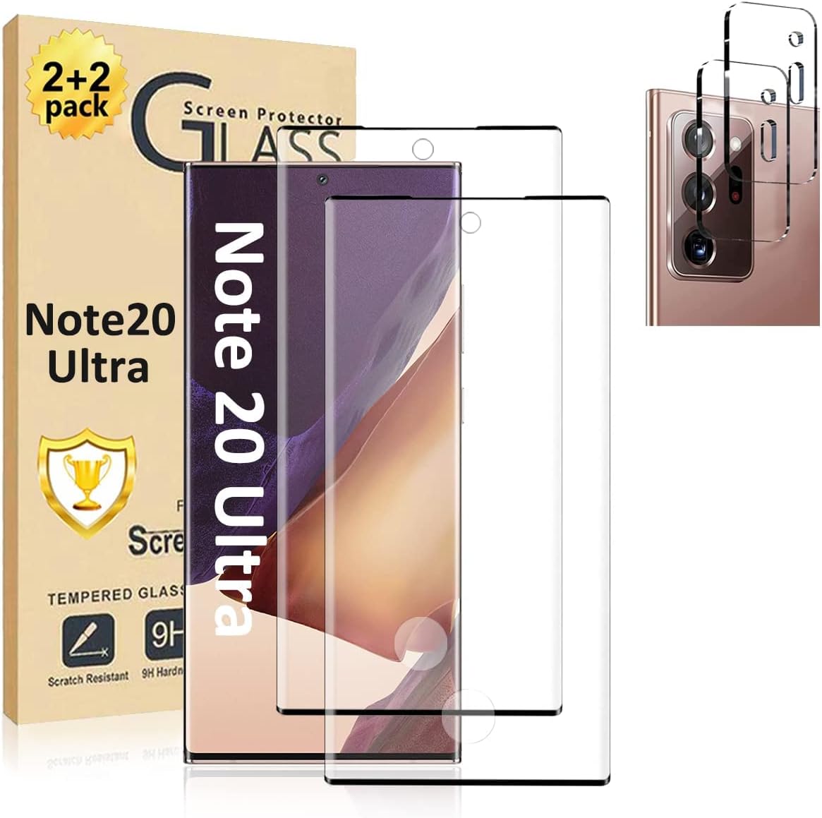 Galaxy Note 20 Ultra 螢幕保護貼【2+2 片裝】附相機鏡頭保護膜，相容於指紋識別，易於安裝 [3D 玻璃] 9H 硬度強化玻璃螢幕保護貼，適用於三星 Galaxy