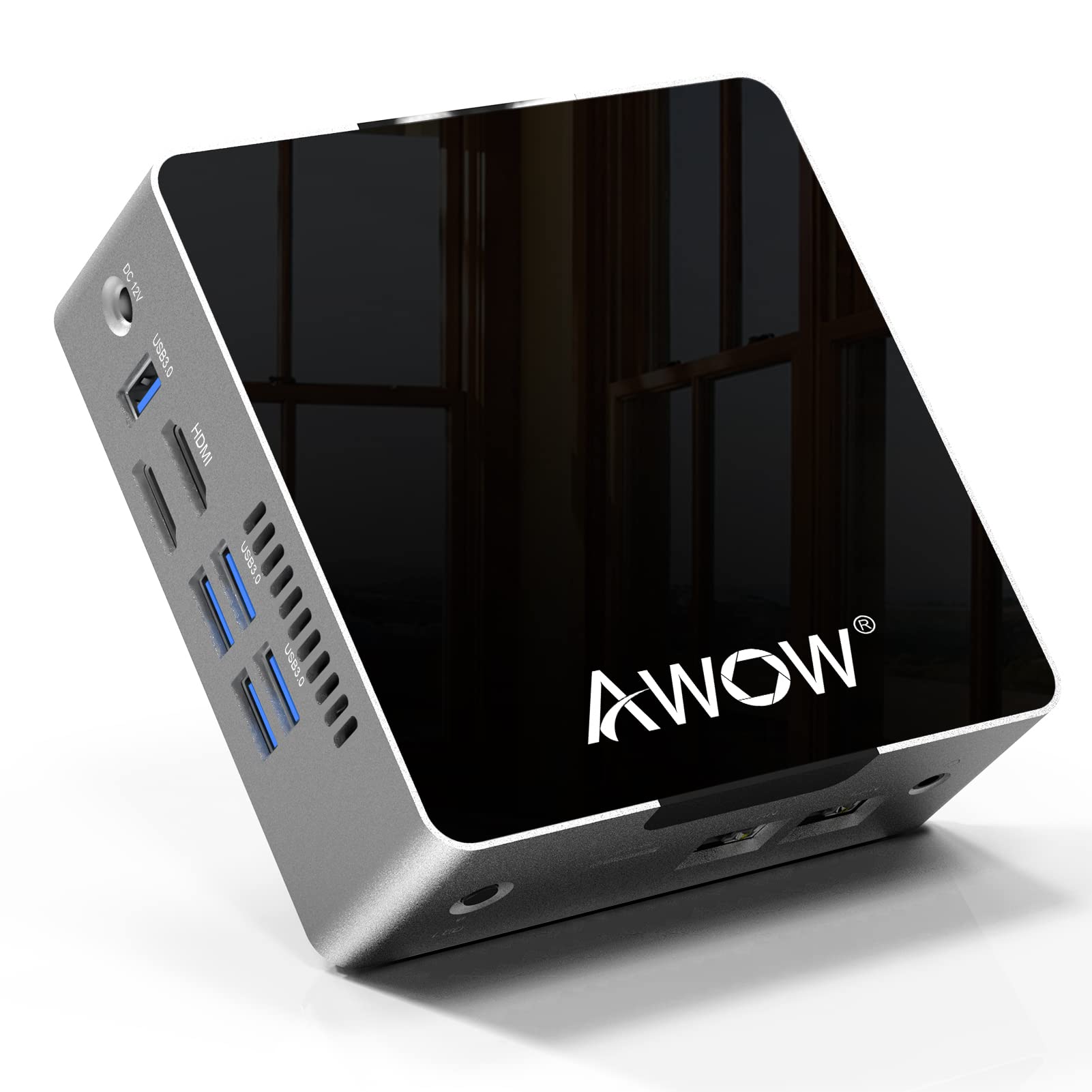 AWOW迷你電腦，英特爾賽揚J3455處理器，6GB DDR4內存，128GB SATA固態硬碟，迷你台式電腦，預裝Windows 10專業版，四核處理器，雙千兆以太網卡，雙HDMI接口，5個USB 3.0接口，支持4K超高清，藍牙以太網卡，雙HDMI接口，5個USB 3.0接口，支持4K超高清，藍牙以太網卡