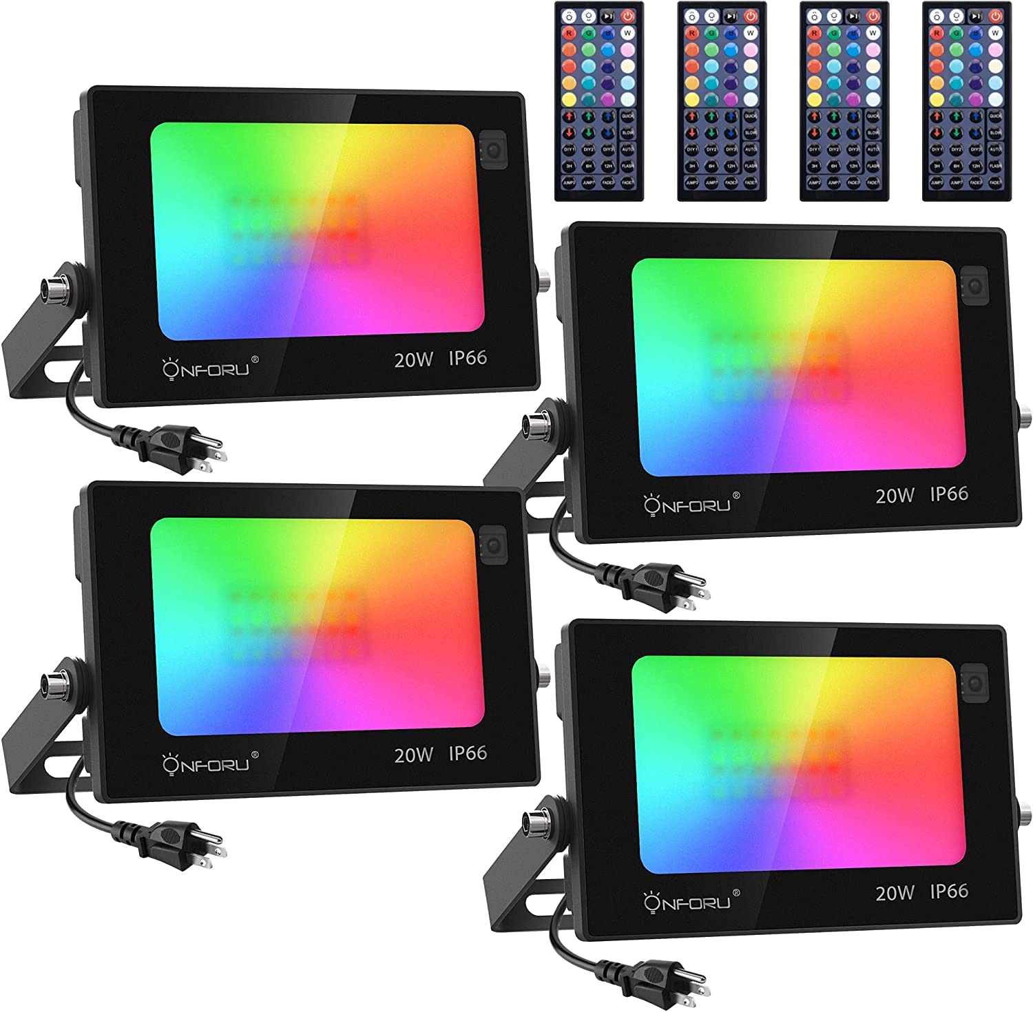 Onforu 4 件裝 RGB LED 泛光燈，相當於 160W 白熾燈，DIY 變色舞檯燈，帶遙控器，IP66 室內外景觀地板頻閃燈，活動向上照明燈，派對向上照明燈，牆面洗牆燈，定時
