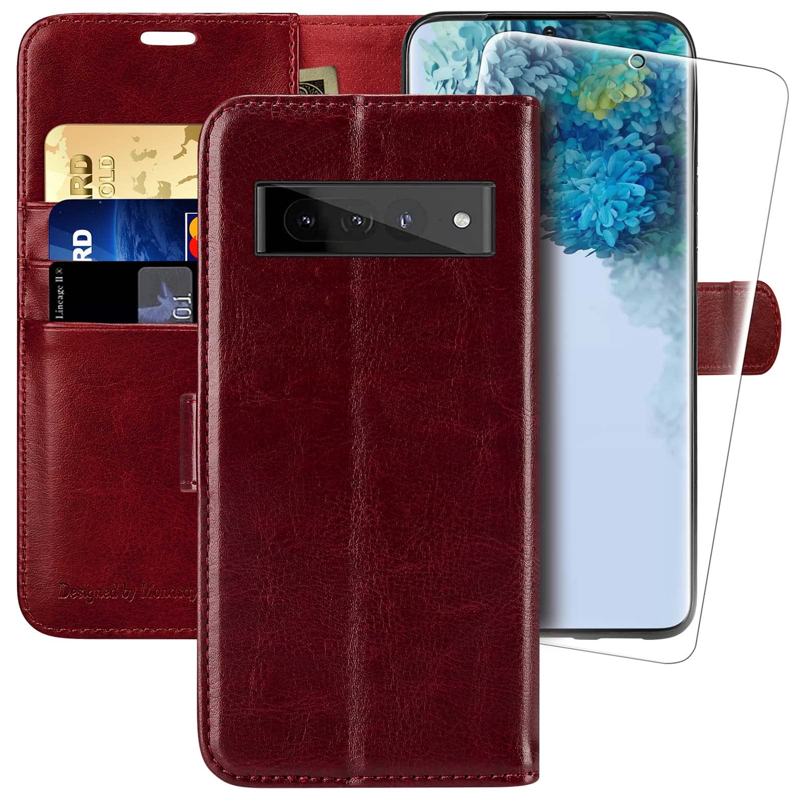 MONASAY 適用於 Google Pixel 7 Pro 的皮夾式手機殼，[RFID 防盜刷] 翻蓋式真皮手機套，附信用卡夾層，適用於 Google Pixel 7 Pro 5G，酒紅色