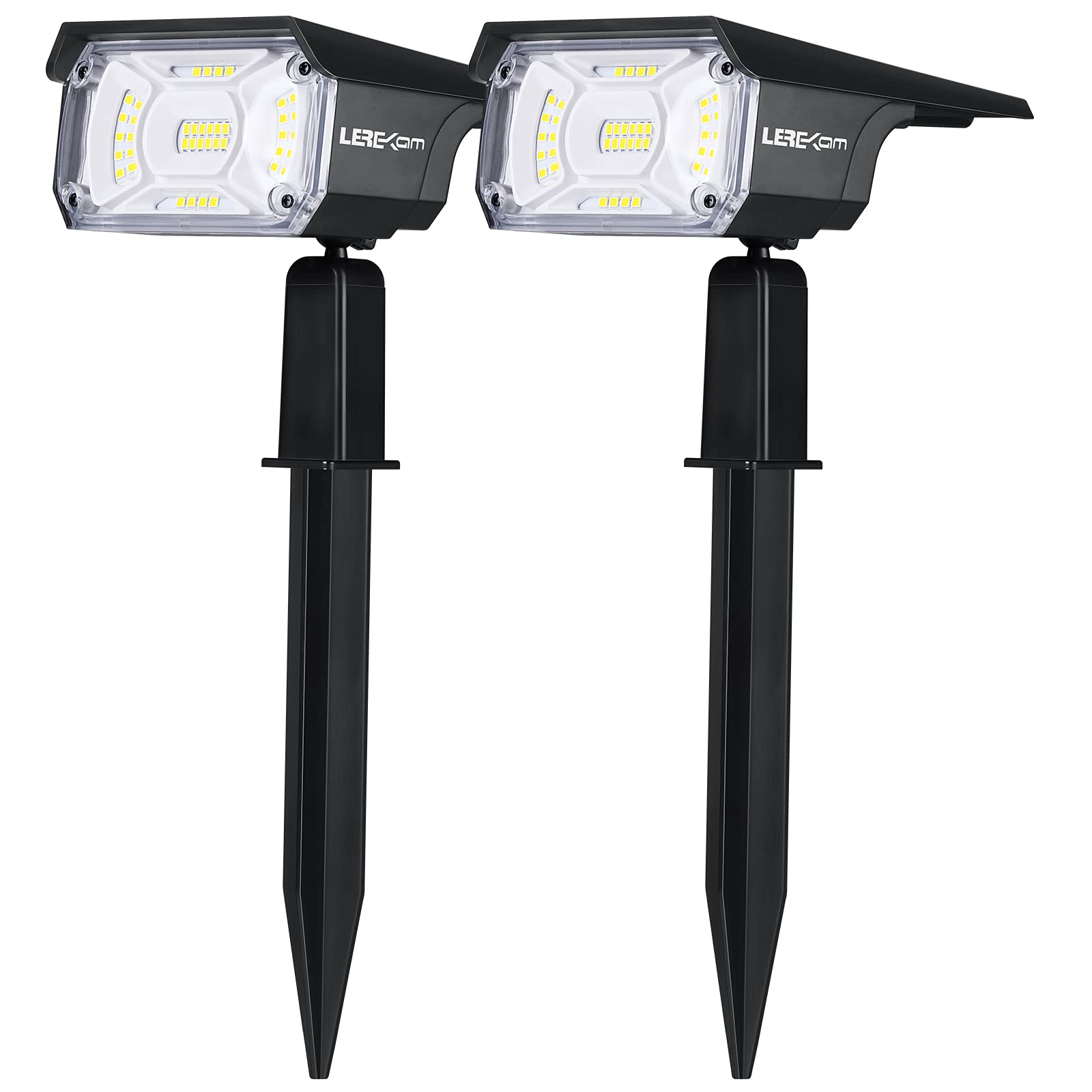 LEREKAM 太陽能戶外射燈，IP65 防水，40 顆 LED 燈珠，USB 和太陽能供電，暗感應自動開關，3 種模式，適用於庭院和門廊，2 件裝