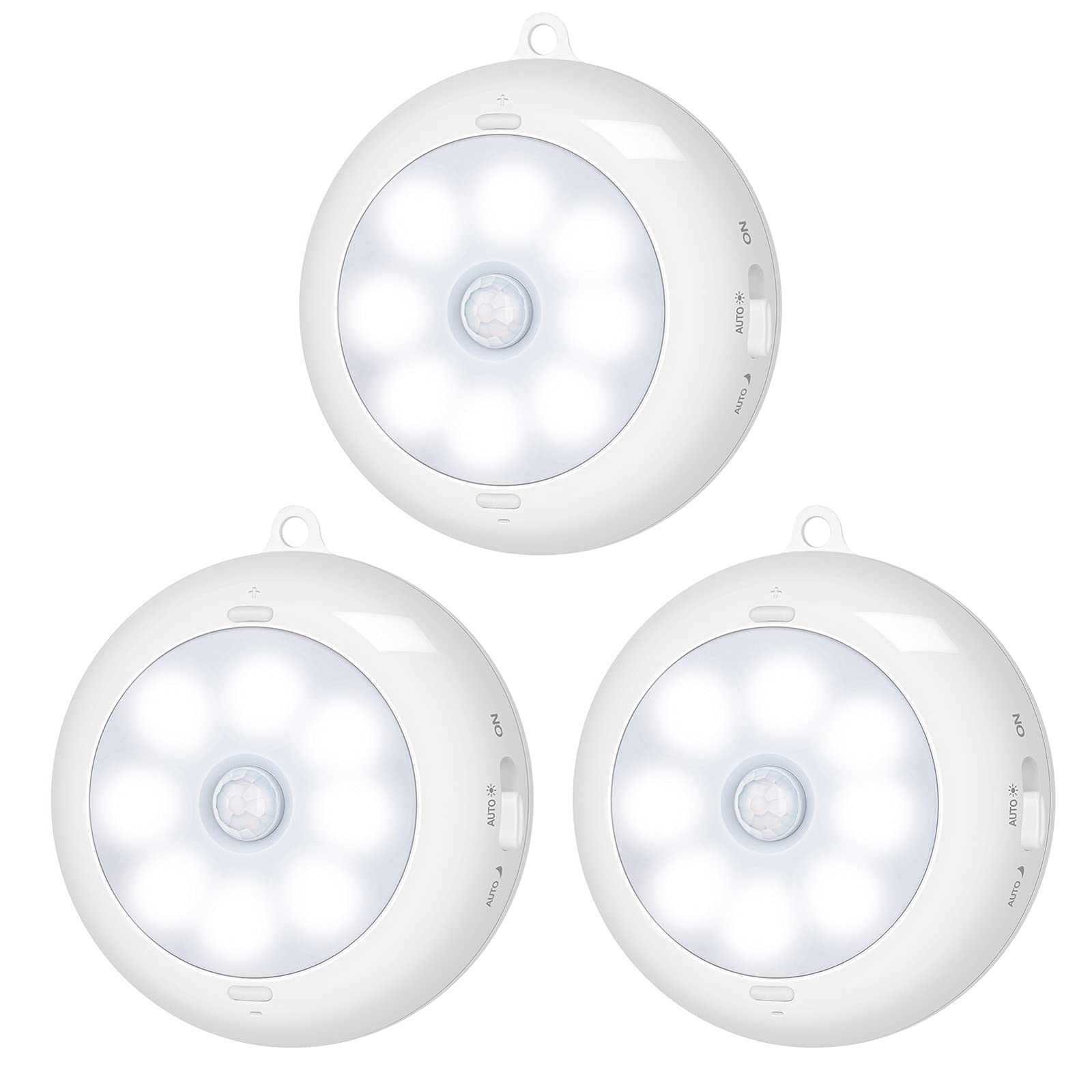 BLS 室內人體感應燈，LED 夜燈衣櫃燈，櫥櫃下電池供電吸頂燈，AA 電池供電無線粘貼式圓燈，適用於牆壁、台階、樓梯，可調光（3 個裝）