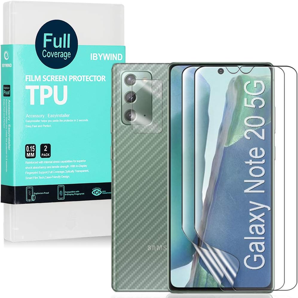 Ibywind 三星 Galaxy Note 20 螢幕保護貼，內含 2 片柔性 TPU 膜、1 片相機鏡頭保護膜、1 片碳纖維背膜 [指紋辨識器適用，易於安裝]