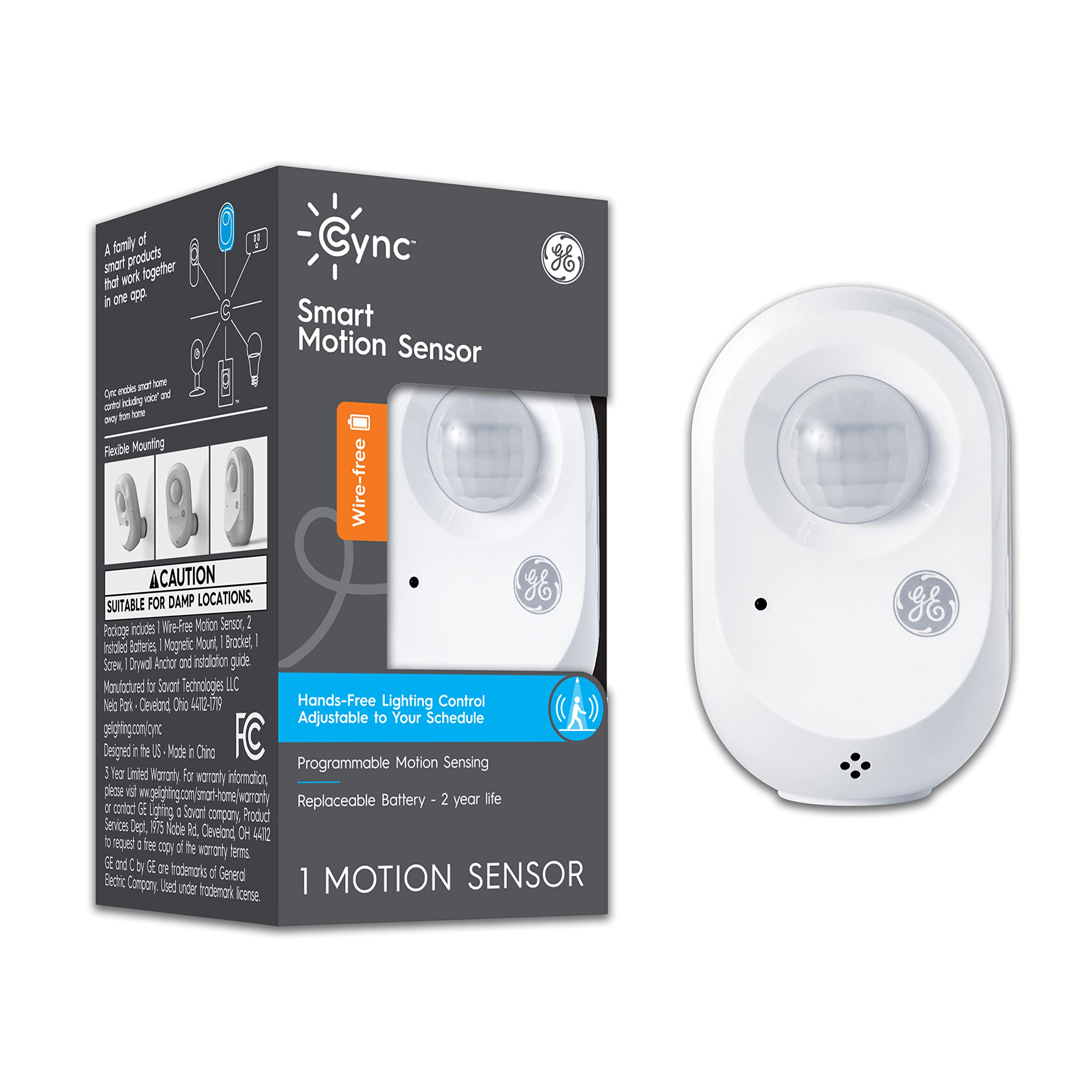 GE CYNC 智慧無線運動感測器，可編程，支援藍牙和 Wi-Fi，環境光檢測，電池供電（1 個裝）