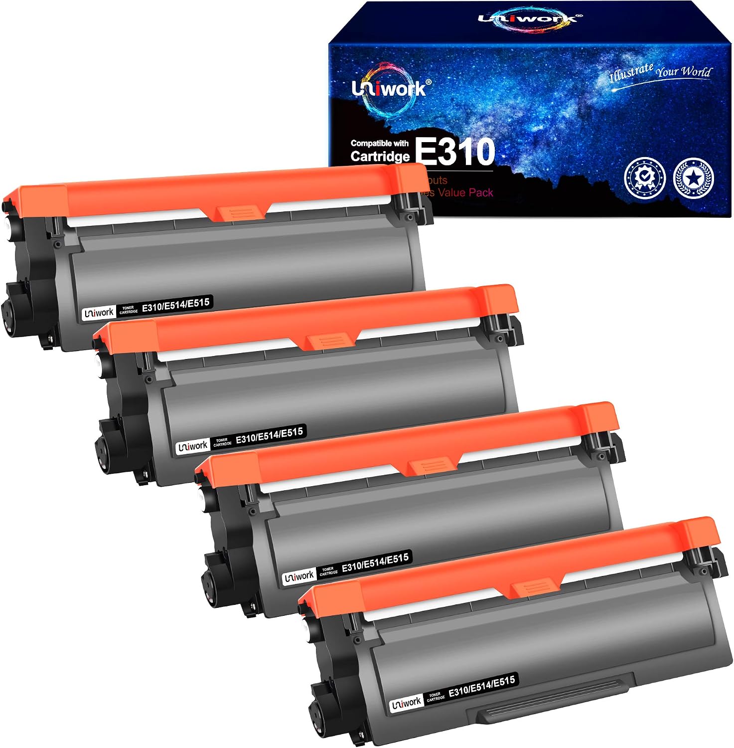 Uniwork 相容於戴爾 E310dw P7RMX PVTHG 593-BBKD E310 E514 E515 的碳粉匣，適用於 E310DW E515DW E514DW E515DN 列印機紙盒，4 個黑色碳粉匣。