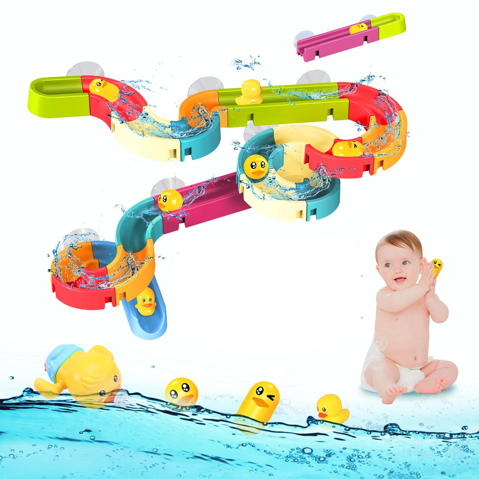 4-8歲幼兒的洗澡玩具，35件組水球軌道，可貼在牆上，浴缸滑梯玩具，適合3-6歲幼兒，帶發條迷你鴨子造型嬰兒洗澡玩具，兒童洗澡禮物，趣味浴缸玩具