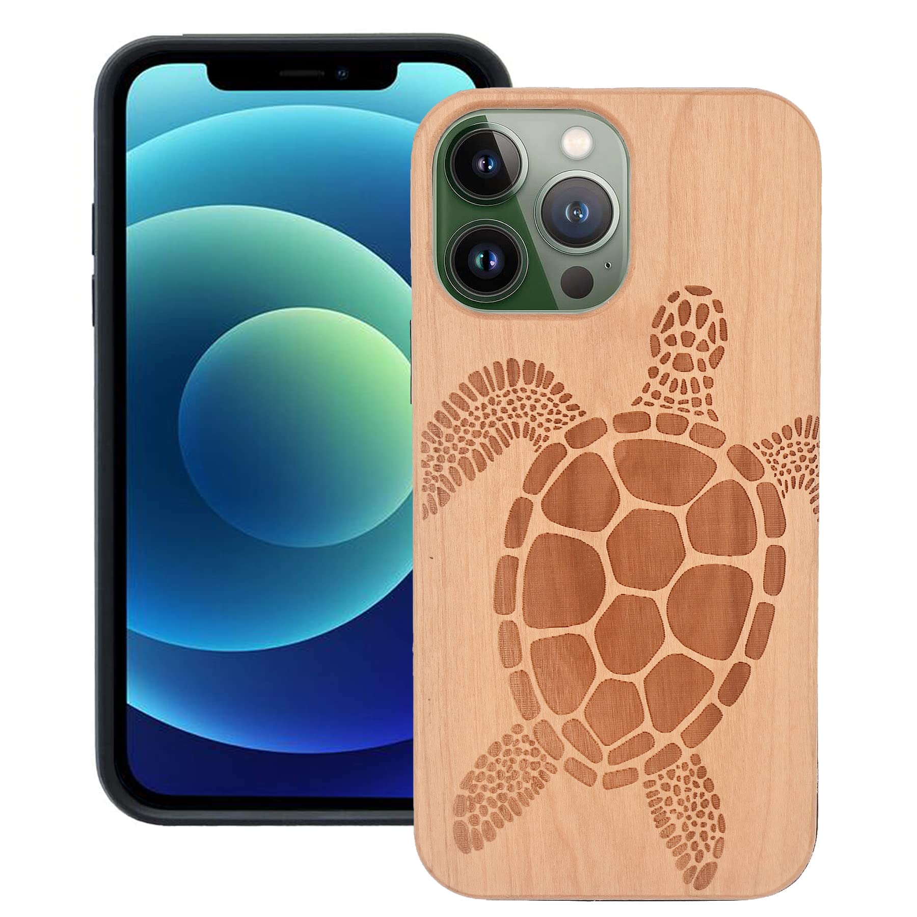 CYD-W CYD 木質手機殼，適用於 2021 年 6.1 吋 iPhone 13 Pro，天然實木防震防摔超薄 TPU 黑色邊框保護殼（海龜圖案）