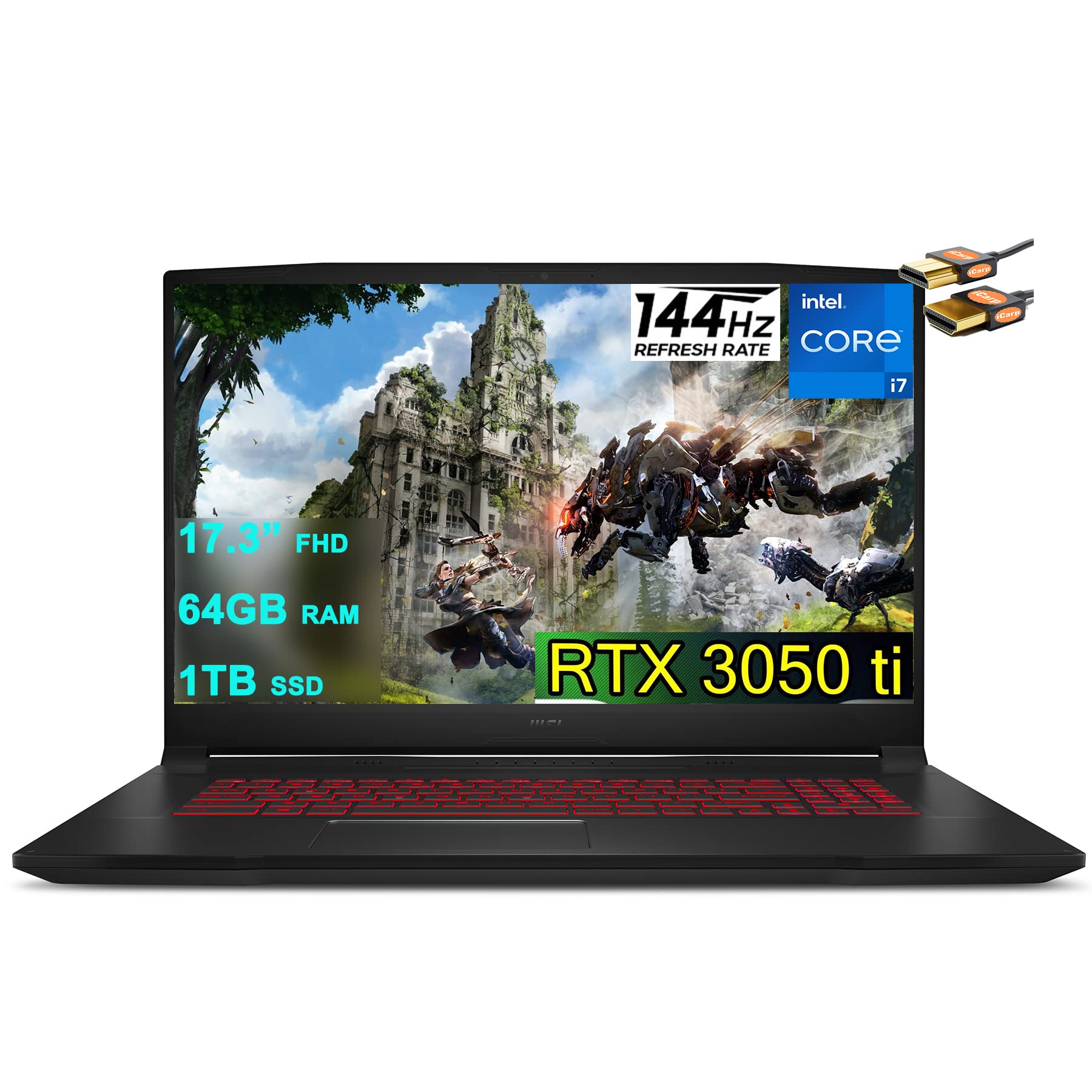 MSI Katana GF76 17 遊戲筆記型電腦，17.3 英寸 FHD IPS 144Hz 顯示屏，第 11 代英特爾八核 i7-11800H 處理器，64GB 內存，1TB 固態硬盤，GeForce RTX 3050 Ti 4GB 顯卡，1TB 固態硬盤，GeForce RTX 3050 Ti 4GB 顯卡，1TB 固態硬盤，GeForce RTX 3050 Ti 4GB 顯卡，1TB 附