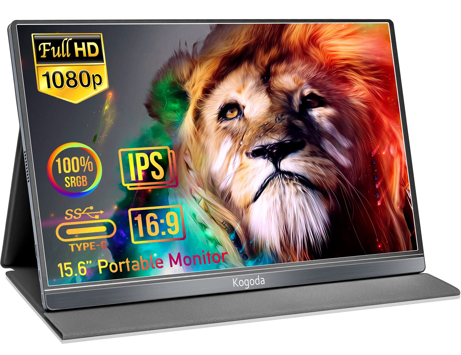 KOGODA 便攜式顯示器 15.6 吋 FHD 1080P IPS HDR 旅行顯示器，配備 Mini HDMI 和 USB-C 接口，適用於筆記型電腦、PC、Mac、手機、Xbox、PS5、Switch 等設備，智慧型保護套，雙揚聲器，即插即用