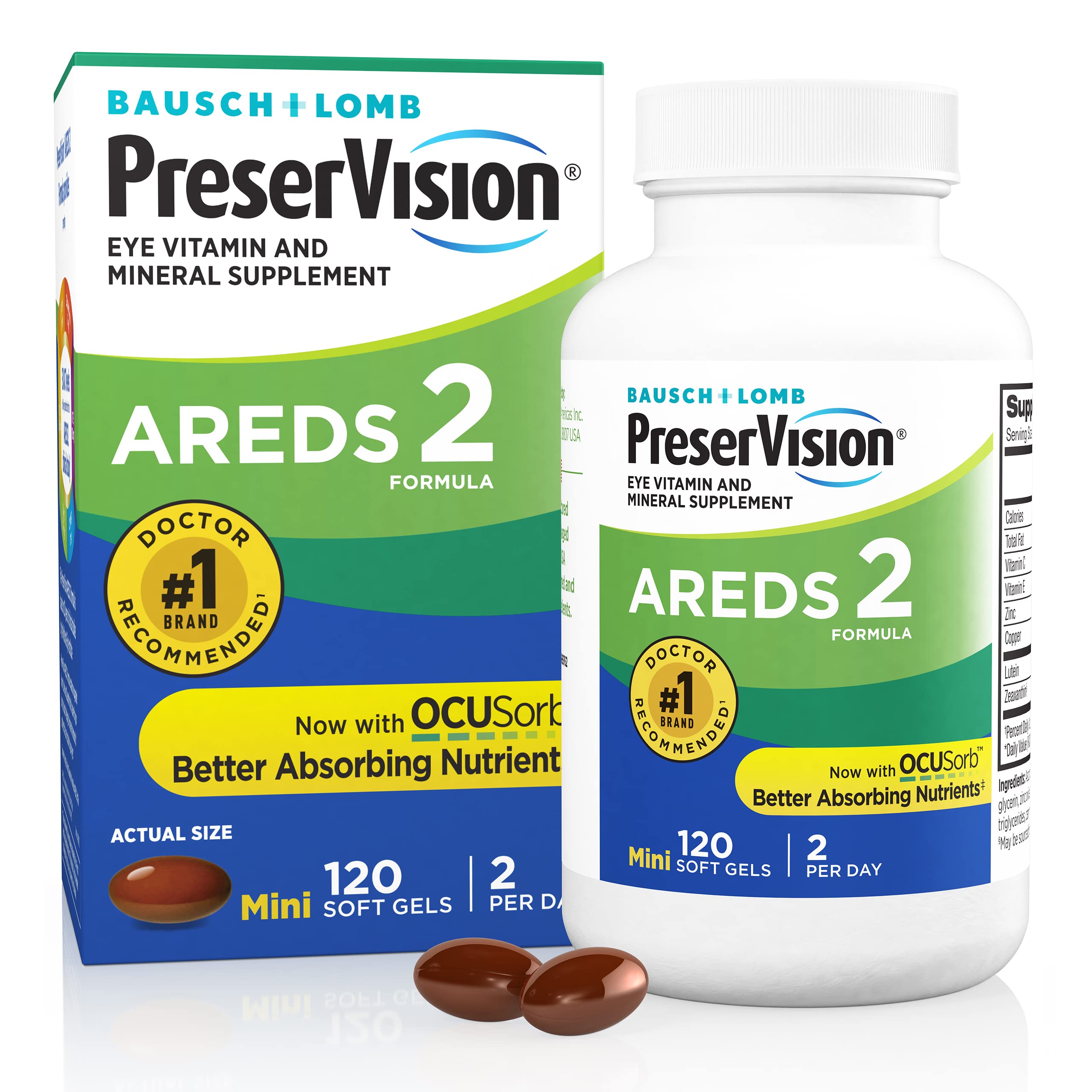 PreserVision AREDS 2 護眼維生素和礦物質補充劑，含葉黃素、維生素 C、玉米黃質、鋅和維生素 E，120 粒軟膠囊（包裝可能不同）
