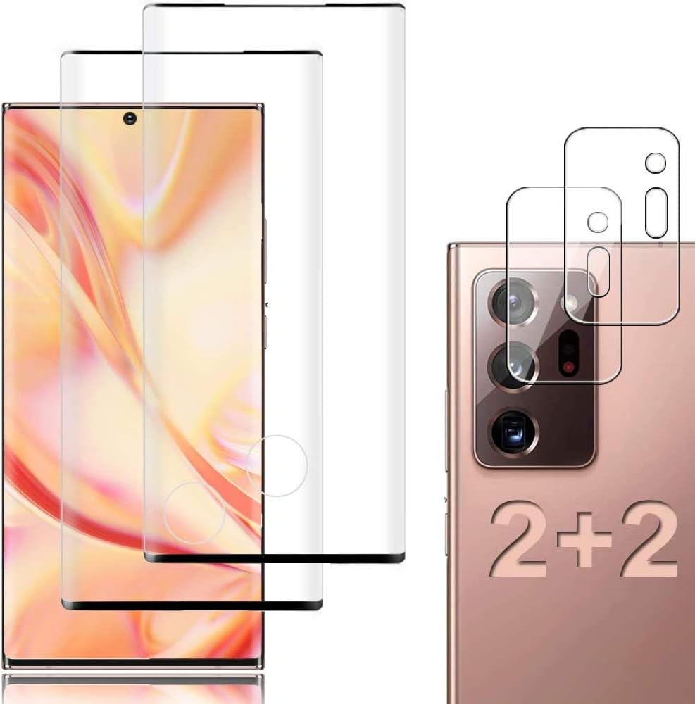 【2+2 套裝】三星 Galaxy Note 20 Ultra 螢幕保護貼，包含 2 片強化玻璃螢幕保護貼 + 2 片強化玻璃相機鏡頭保護膜，9H 硬度，3D 曲面設計，適用於三星 Galaxy Note 20 U
