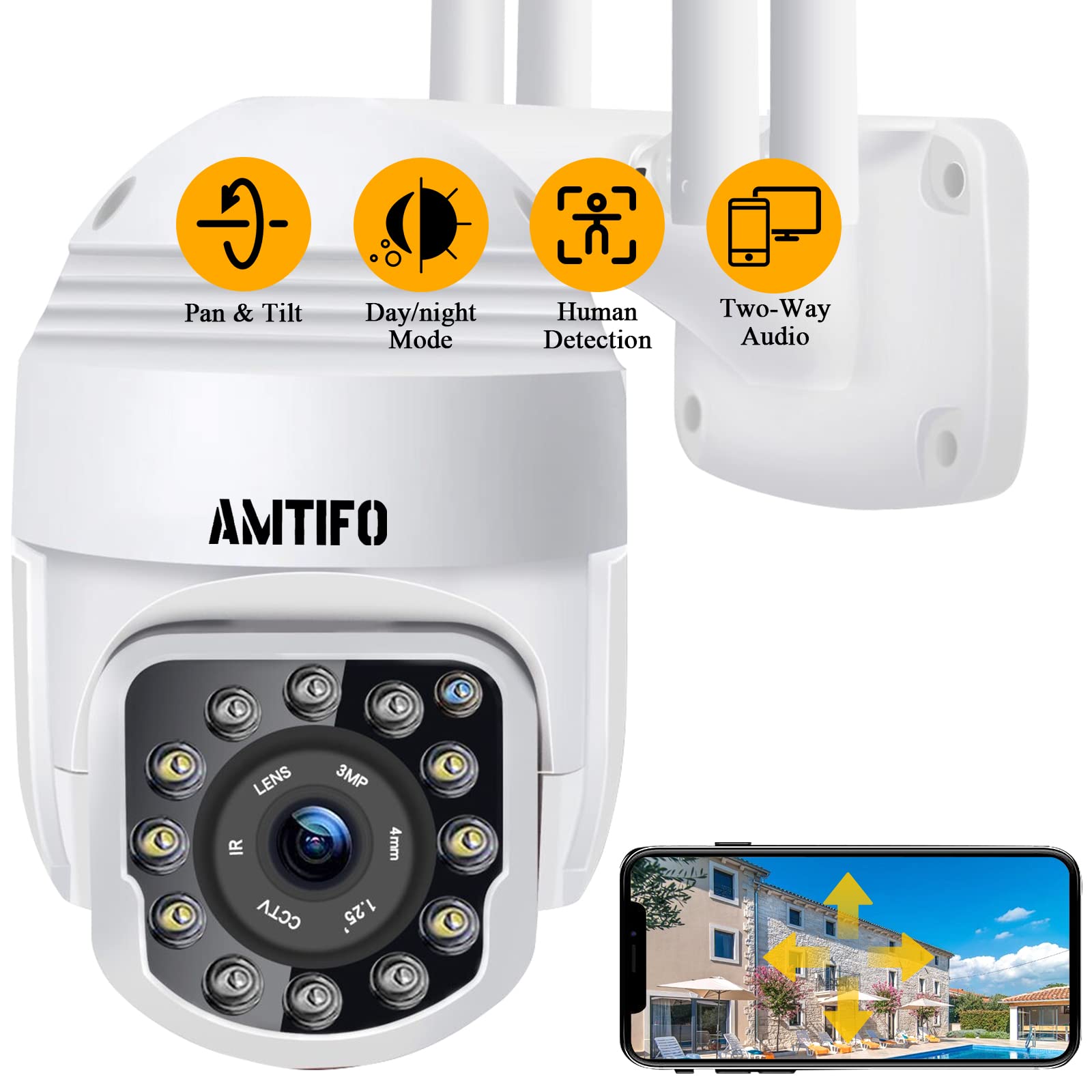 AMTIFO 戶外 WiFi 1080P 360° 全景雲台攝影機系統，支援行動偵測、智慧家庭監控、雙向語音通話和清晰夜視功能 W2