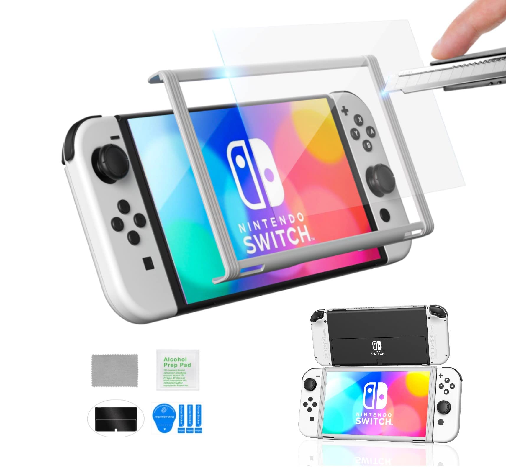 Sibese 強化玻璃螢幕保護貼，獨特設計，適用於 Switch OLED 機型 2021，高清透明螢幕保護貼，PC 邊框，全覆蓋，防刮花，無氣泡（白色）