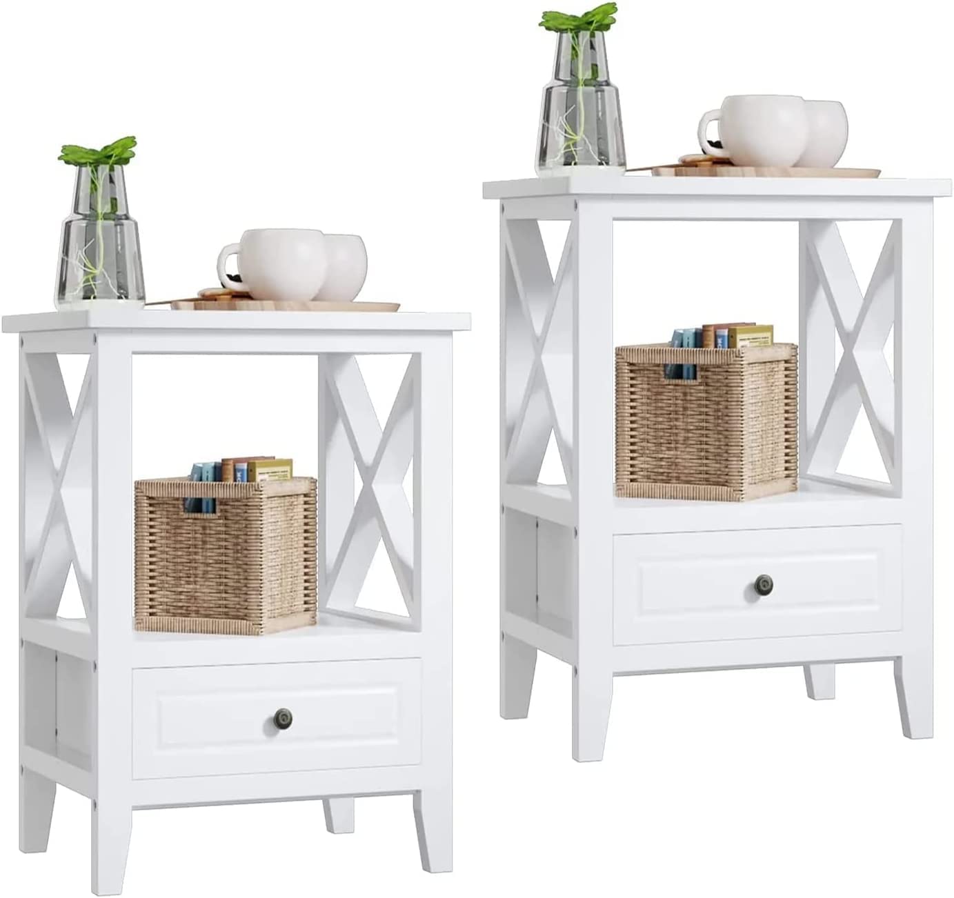 Catrimown 白色床頭櫃套裝（2 件），附抽屜和置物架，X 型側邊設計，適用於臥室和客廳，白色