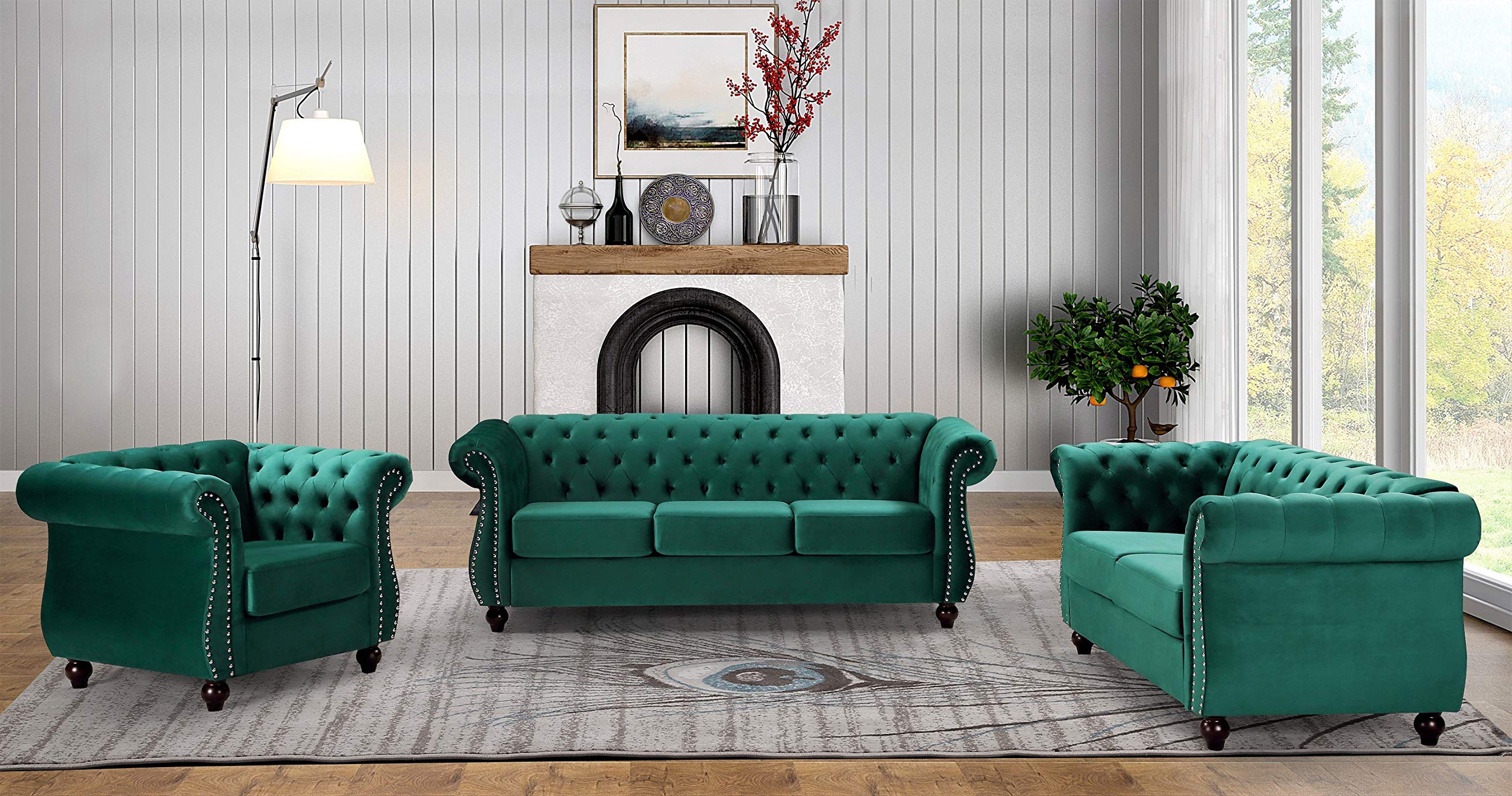 Container Furniture Direct 現代天鵝絨軟墊客廳切斯特菲爾德沙發套裝，三件套，3件沙發，綠色