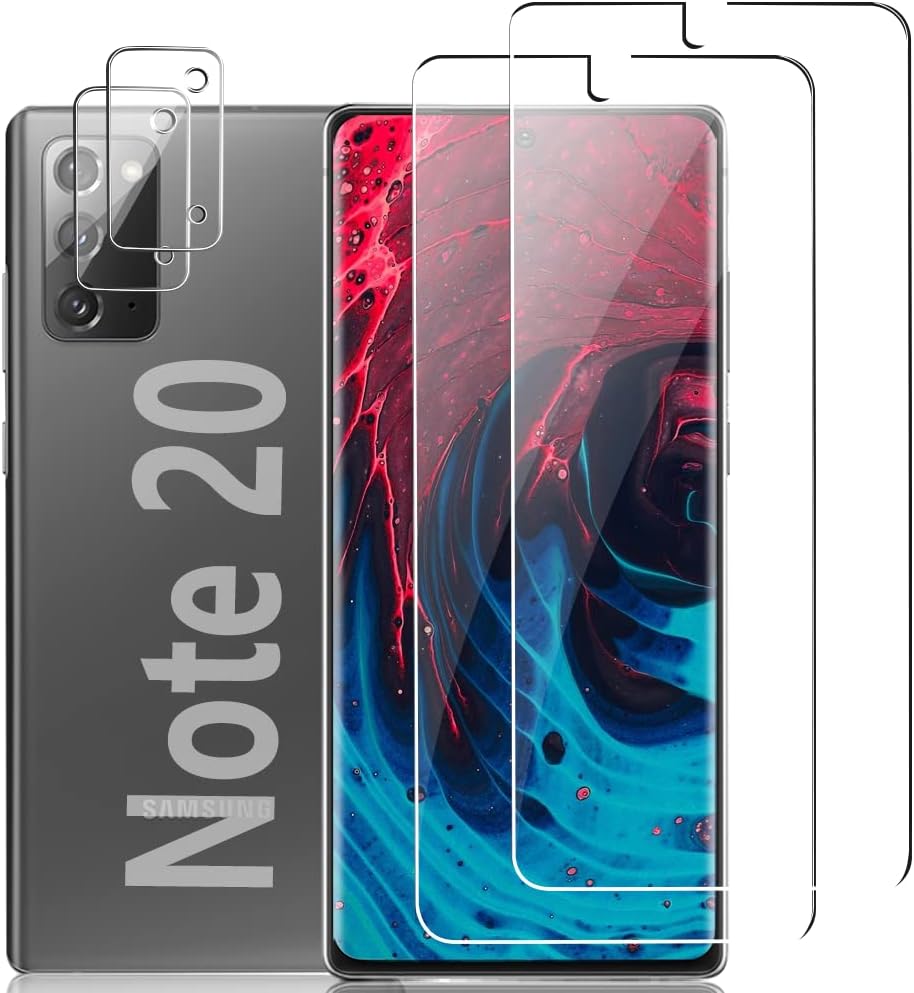 AFSKU [2+2 套裝] Galaxy Note 20 螢幕保護貼和相機鏡頭膜 - 9H 硬度強化玻璃 - 支援指紋解鎖 - 無氣泡 - 適用於三星 Galaxy Note 20 (6.7 吋) 螢幕保護膜
