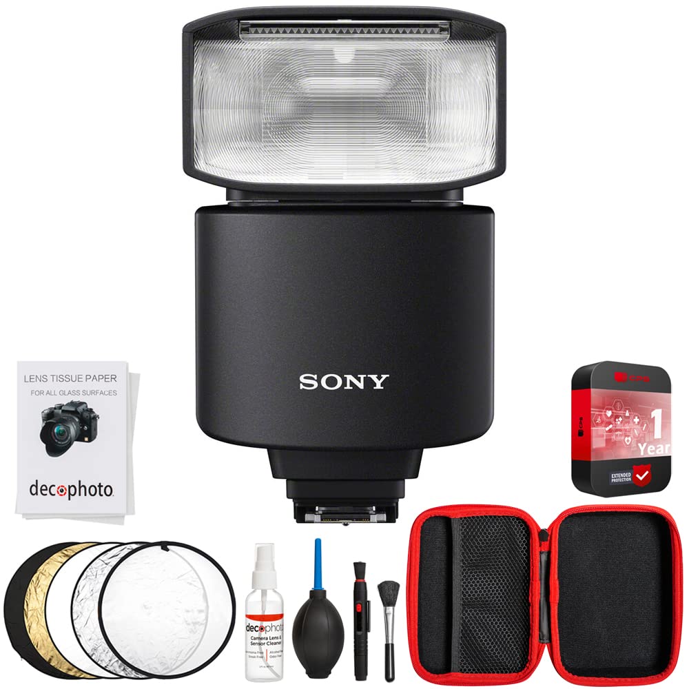 Sony HVL-F46RM 小型無線電遙控外部閃光燈套裝，包含 Deco Photo 多功能清潔套裝、5 合 1 可折疊多碟反光板和 1 年 CPS 增強保護包