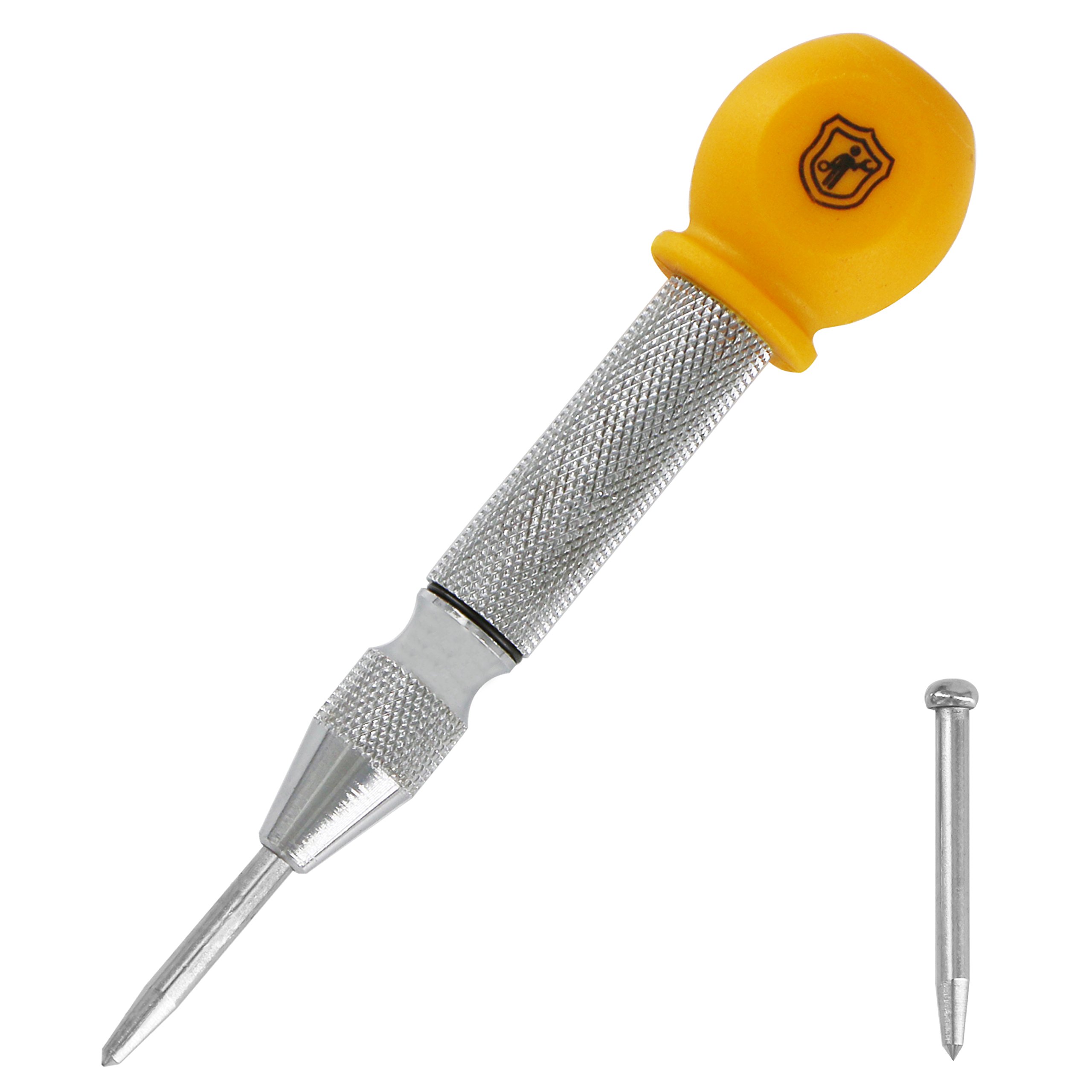 MulWark 5吋彈簧式自動鋼製中心孔沖孔器/劃線器，適用於木材、金屬、塑膠、汽車車窗，附掌墊帽，衝擊力可調，含替換頭