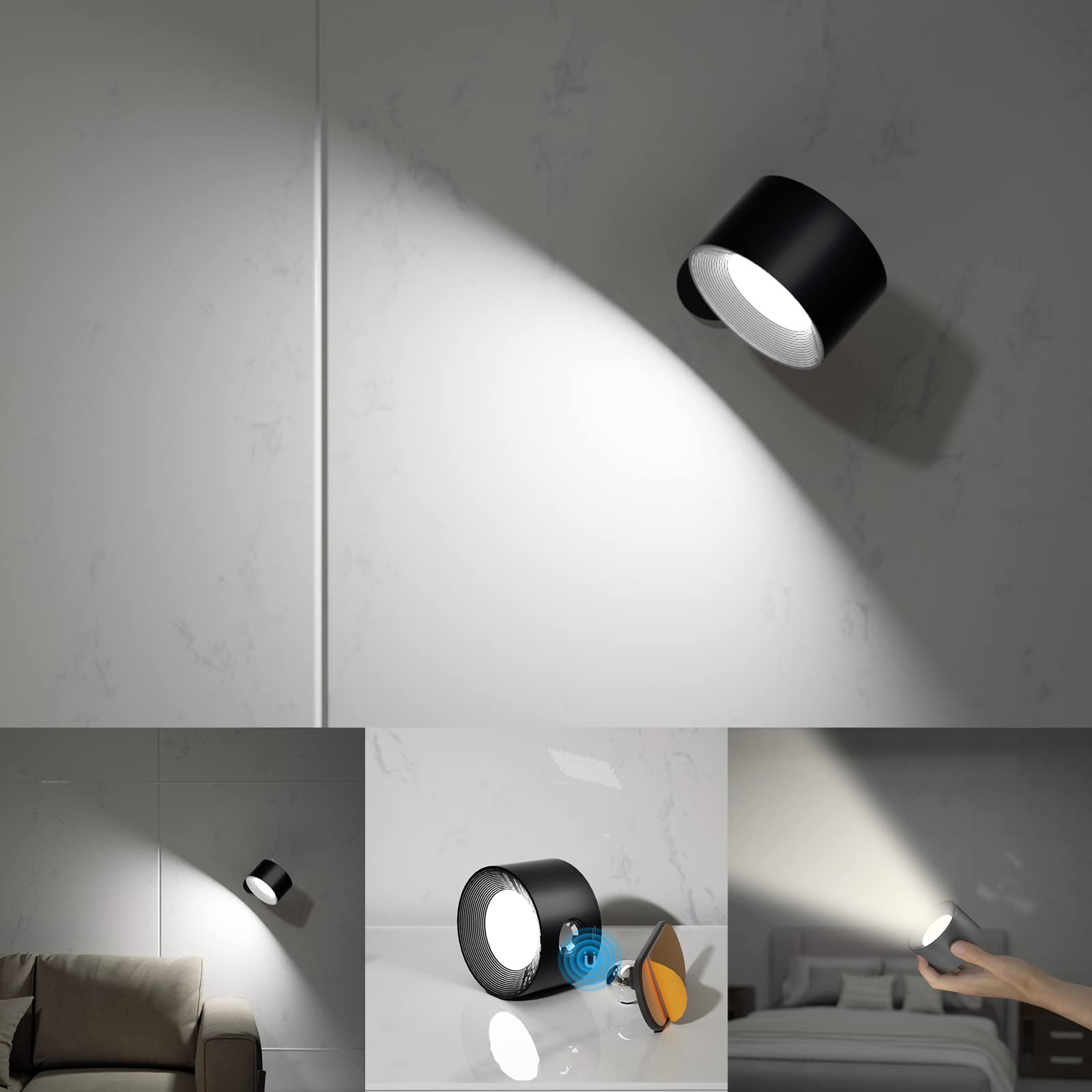Koopala LED壁燈，壁掛式設計，內建可充電電池，3種色溫，3種亮度，360°旋轉磁球，無線壁燈，適用於學習、閱讀、床頭等場景。