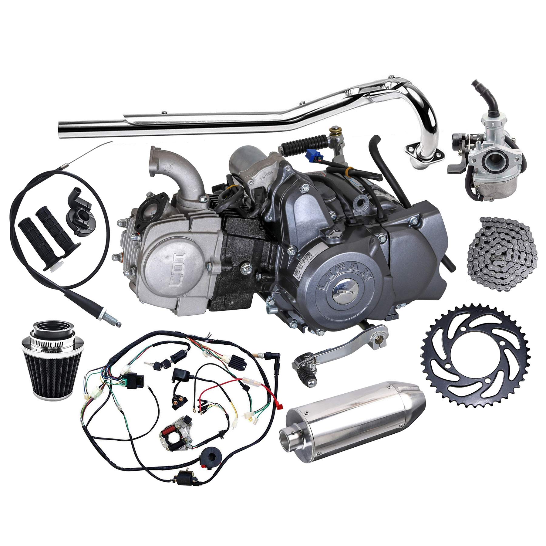 WPHMOTO 全套力帆 125cc 引擎半自動四行程引擎套件，包含線束、化油器、鏈輪、排氣消音器管，適用於 CT70、90、110、125 越野摩托車、三輪摩托車。