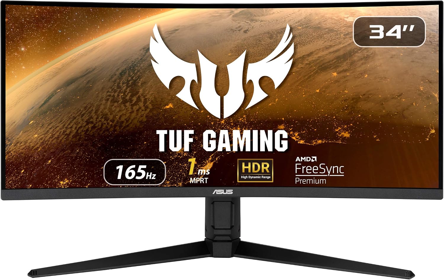 華碩 TUF Gaming VG34VQL1B 34 吋曲面 HDR 顯示器，WQHD (3440x1440) 分辨率，165Hz 刷新率，1ms 響應時間，極低運動模糊，FreeSync Premium 技術，護眼模式，配備 DisplayPort、HDMI 和 USB 接口 Display，高度可調，介面 DH play play、HDMI 和 USB play，高度可調，30HDR。