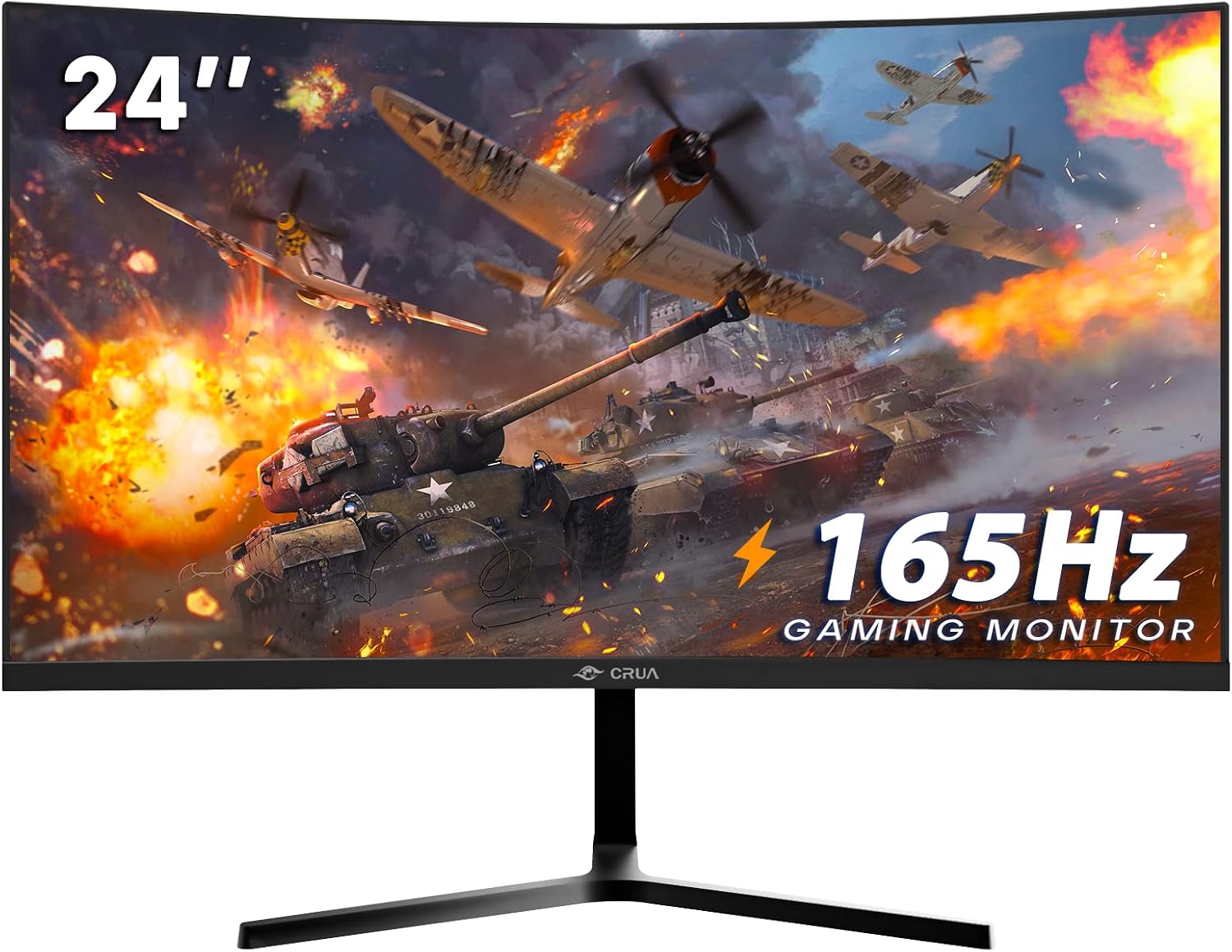 CRUA 24吋144Hz/165Hz曲面遊戲顯示器，FHD 1080P無邊框電腦顯示器，支援AMD FreeSync低運動模糊、護眼功能、VESA壁掛、DisplayPort、HDMI接口，黑色
