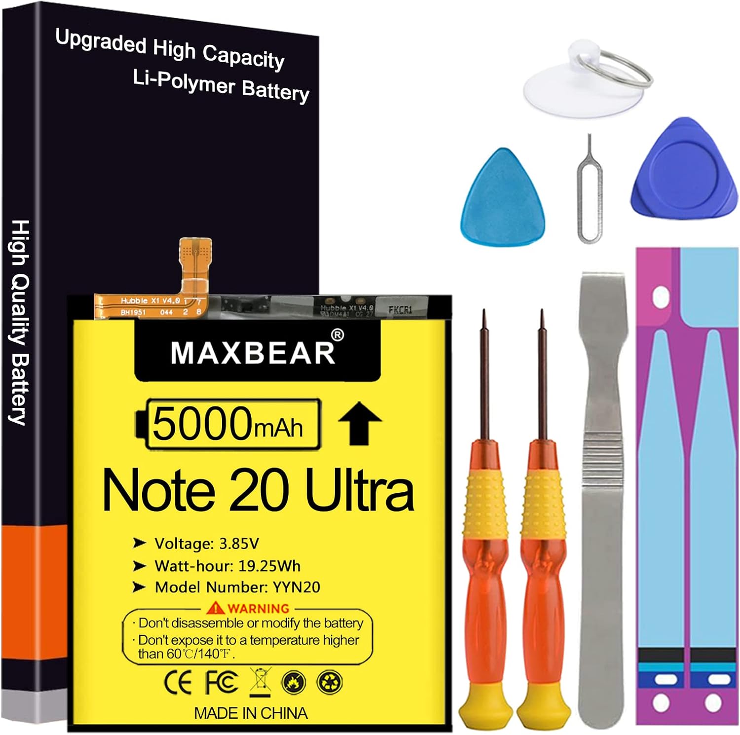 適用於三星 Galaxy Note 20 Ultra 的 MAXBEAR 5000mAh 3.85V 鋰聚合物電池（升級版），型號為 SM-N986 N985 N986U，隨附維修工具包。