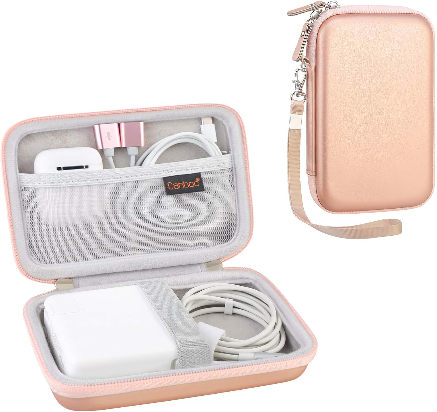 Canboc 適用於 MacBook Air Pro MagSafe/MagSafe 2 電源轉接器、iPhone 14/14 Pro MagSafe 充電器、USB-C 集線器、Type-C 集線器、USB 多埠轉接器的便攜包，硬質 EVA 材質，玫瑰金
