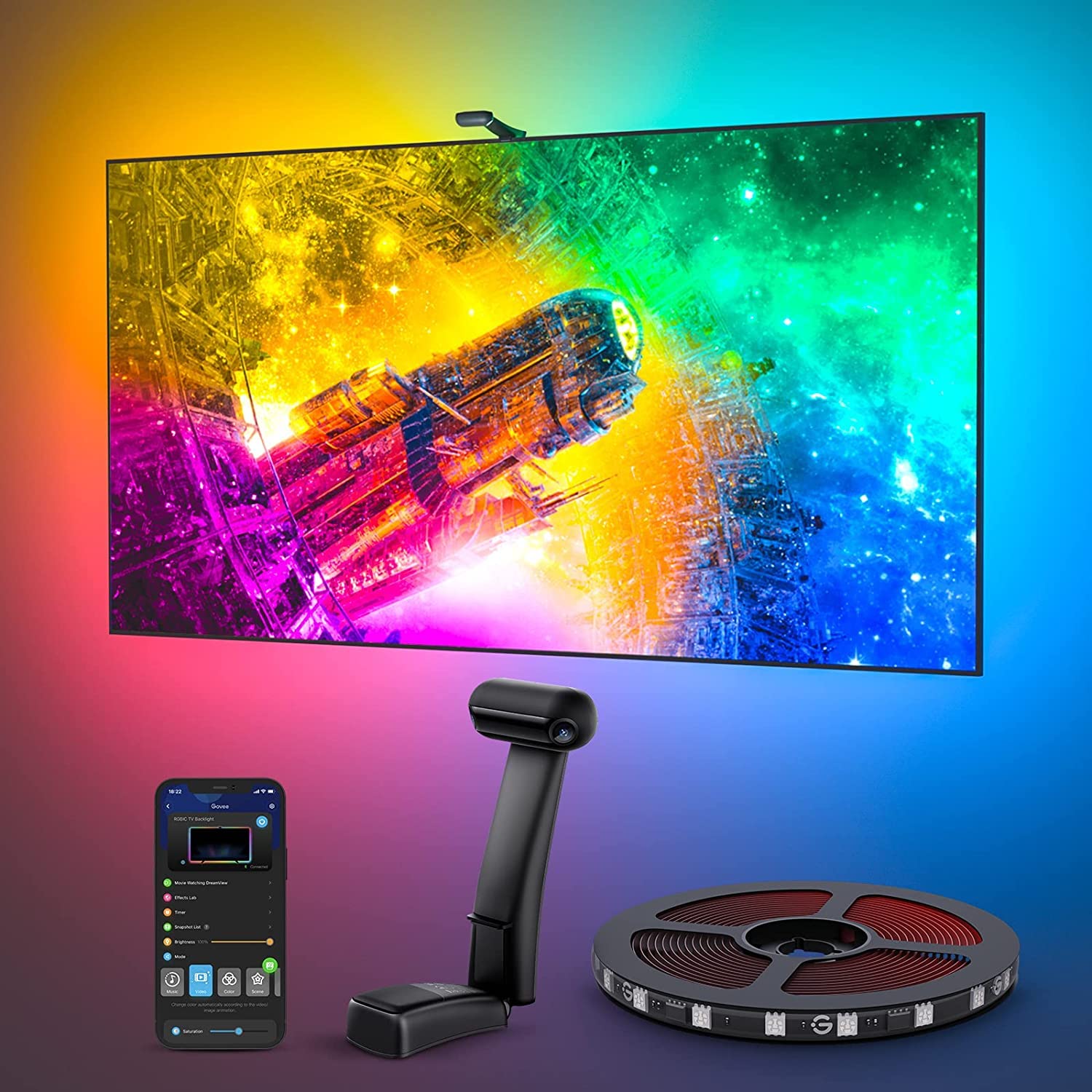Govee Envisual T2 電視 LED 背光燈帶，配備雙攝像頭，11.8 英尺 RGBIC Wi-Fi LED 燈帶，適用於 55-65 吋電視，雙燈珠設計，適配超薄電視，支援智慧型 App 控制和音樂同步，型號 H605C