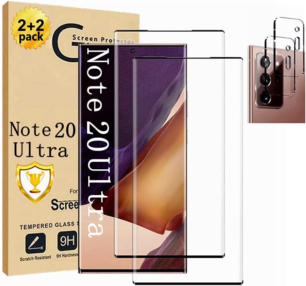 Micger Galaxy Note 20 Ultra 螢幕保護貼【2+2 片裝】搭配相機鏡頭保護膜 [3D 玻璃] 相容指紋辨識 9H 硬度強化玻璃螢幕保護貼，適用於三星 Galaxy Note 20 Ultra