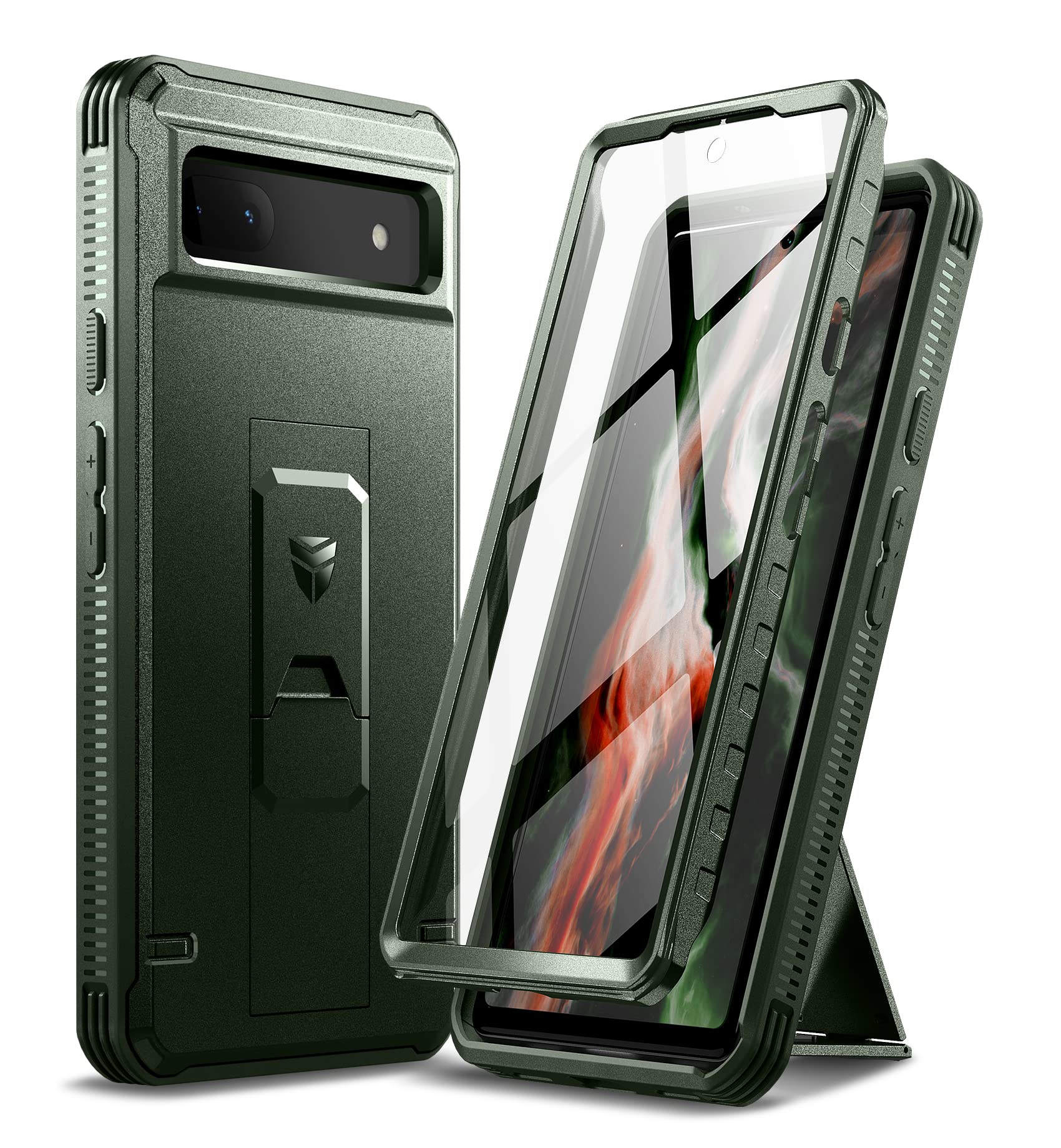Dexnor 適用於 Google Pixel 6A 的全包保護殼，[內建螢幕保護貼和支架] 重型軍用級防護防震保護套，適用於 Google Pixel 6A（軍綠色）
