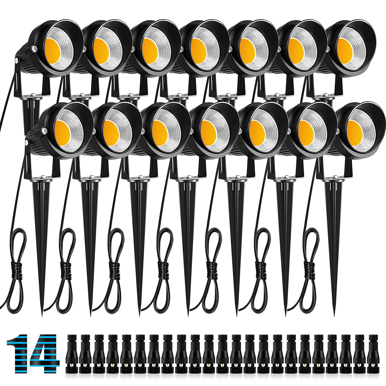 ZUCKEO 10W 低壓景觀燈 LED 景觀照明帶連接器 12V 戶外射燈泛光花園小徑草坪庭院燈 1000LM 防水暖白光（14 個裝帶連接器）