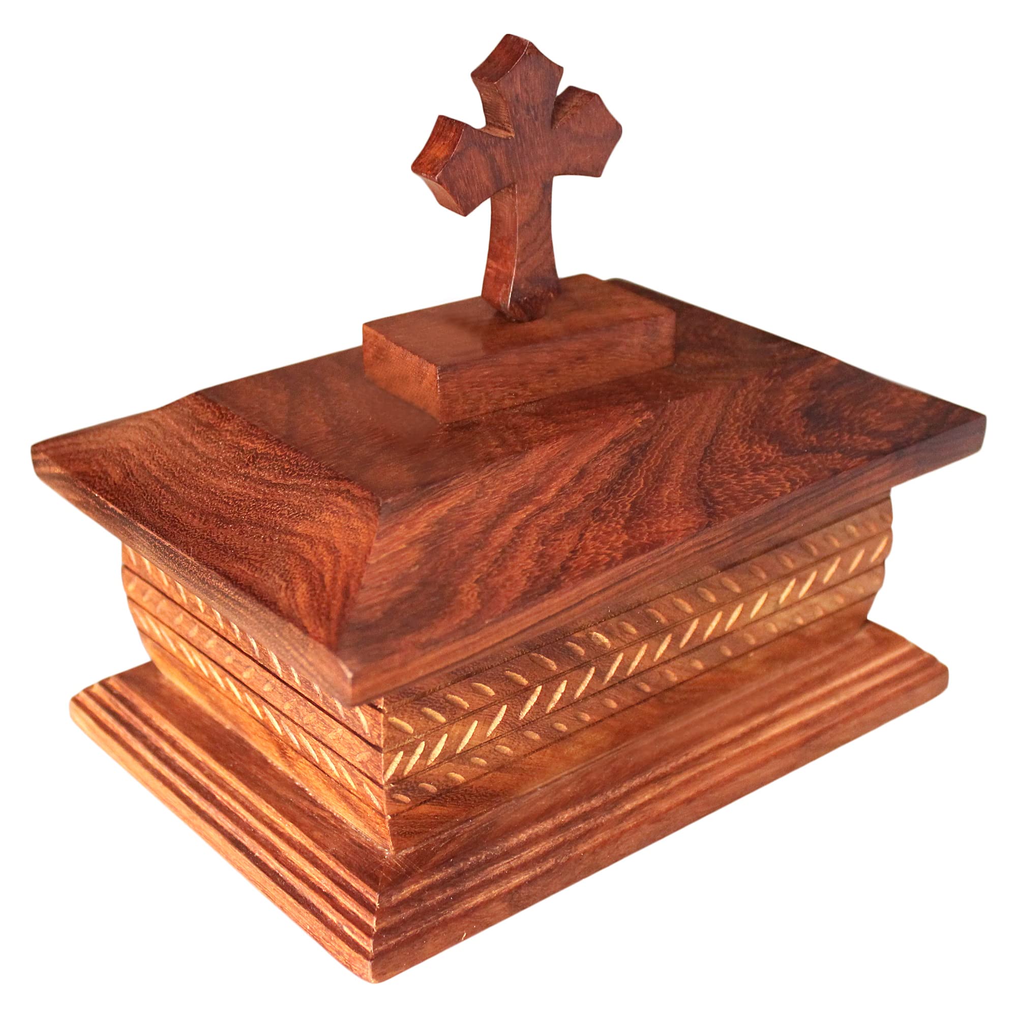 IBLAY 精美木質骨灰盒，成人款 - 裝飾性葬禮骨灰盒，頂部有十字架，小號（容量 35 立方英寸）