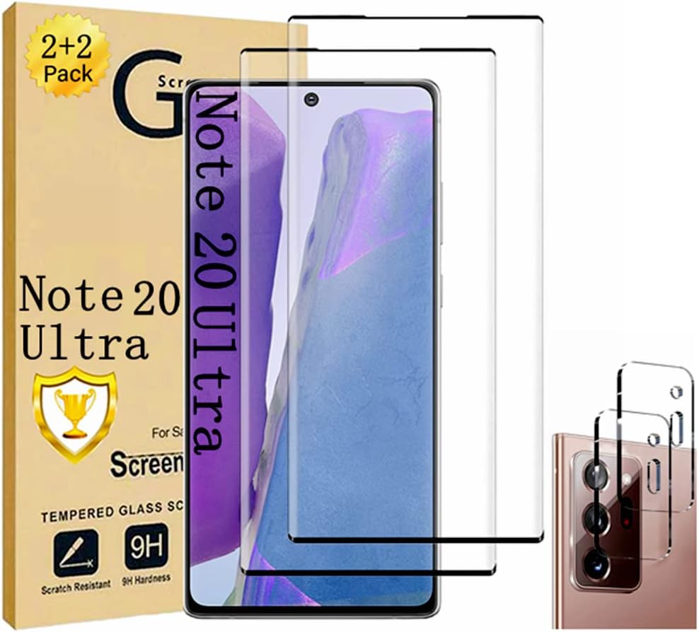 Galaxy Note 20 Ultra 螢幕保護貼【2+2 片裝】帶相機鏡頭保護膜 [3D 玻璃] 相容指紋識別，易於安裝，9H 硬度強化玻璃螢幕保護膜，適用於三星 Galaxy