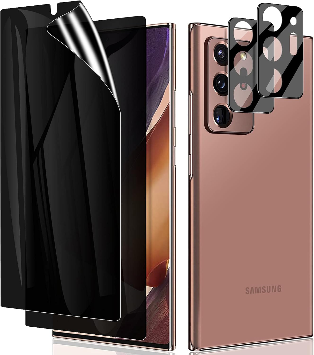 LYWHL [2+2 片裝] 三星 Note 20 Ultra 隱私螢幕保護貼，[支援指紋辨識] 防窺黑色全黏性柔性膜 + 相機鏡頭玻璃保護膜，適用於 Galaxy Note 20 Ultra