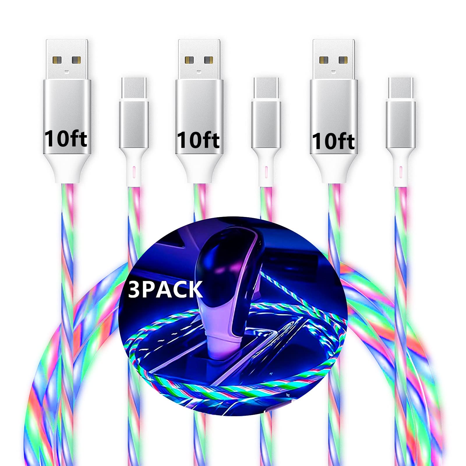 WFFOIFL USB Type-C 連接線（3 條裝，每條 10 英尺），帶 LED 指示燈的 USB-A 轉 USB-C 流水充電線，兼容安卓三星 Galaxy S10 S9 S8 Plus、Note 9 8，不支援快充，USB-C 充電器