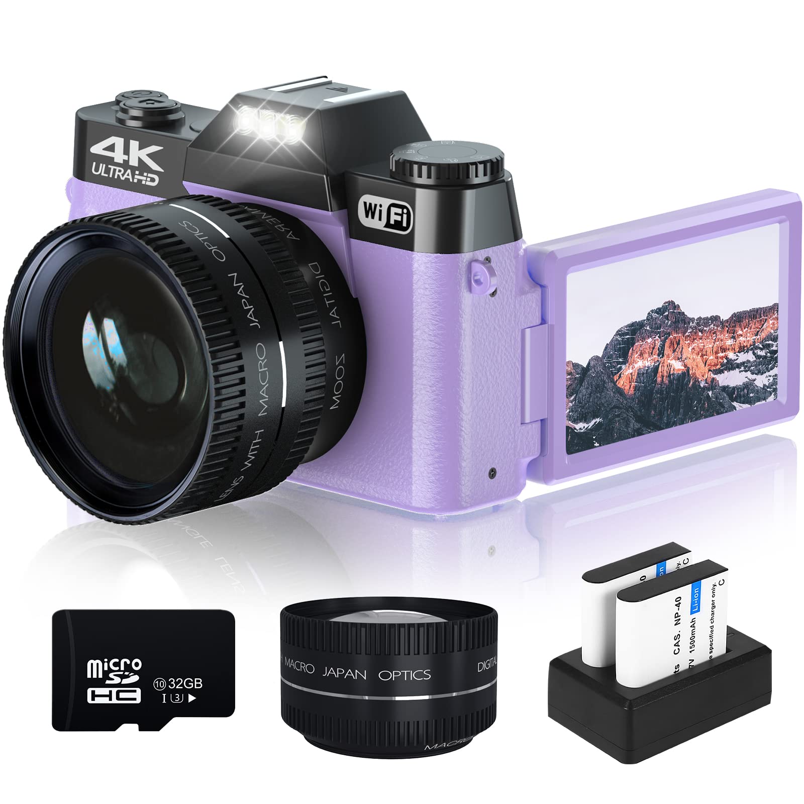 數位相機，4K 48MP Vlog相機，16倍數位變焦，手動對焦，可充電，學生便攜相機，配備52mm廣角鏡頭和微距鏡頭，32G Micro記憶卡和2顆電池